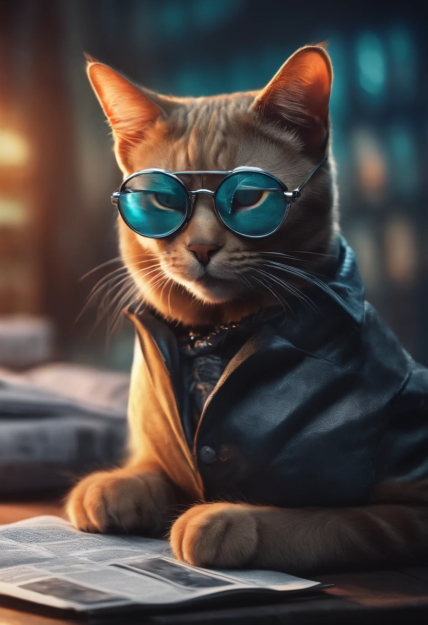 Create a cat with glasses who reads a newspaper. The cat should be in the style of cyberpunk.