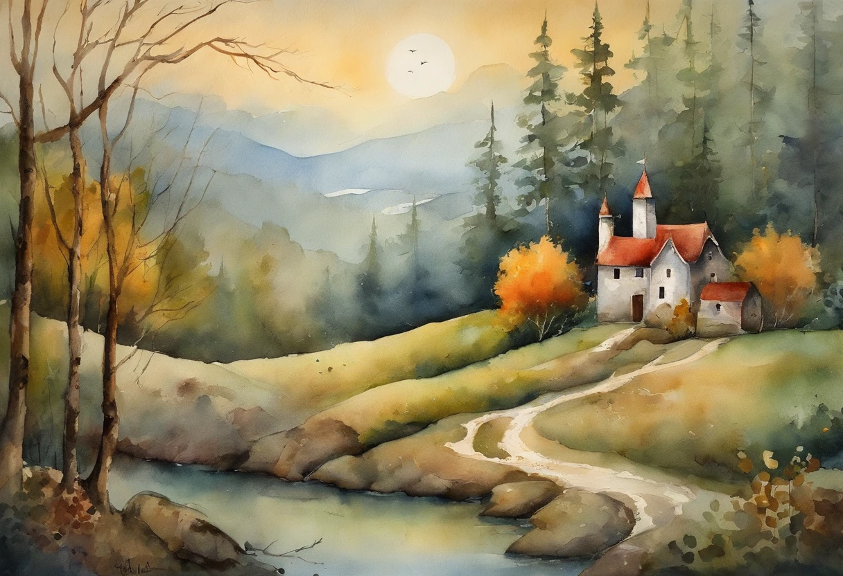 ​masterpiece、top-quality、morning、Fat cat、middle aged man、a moon、the woods