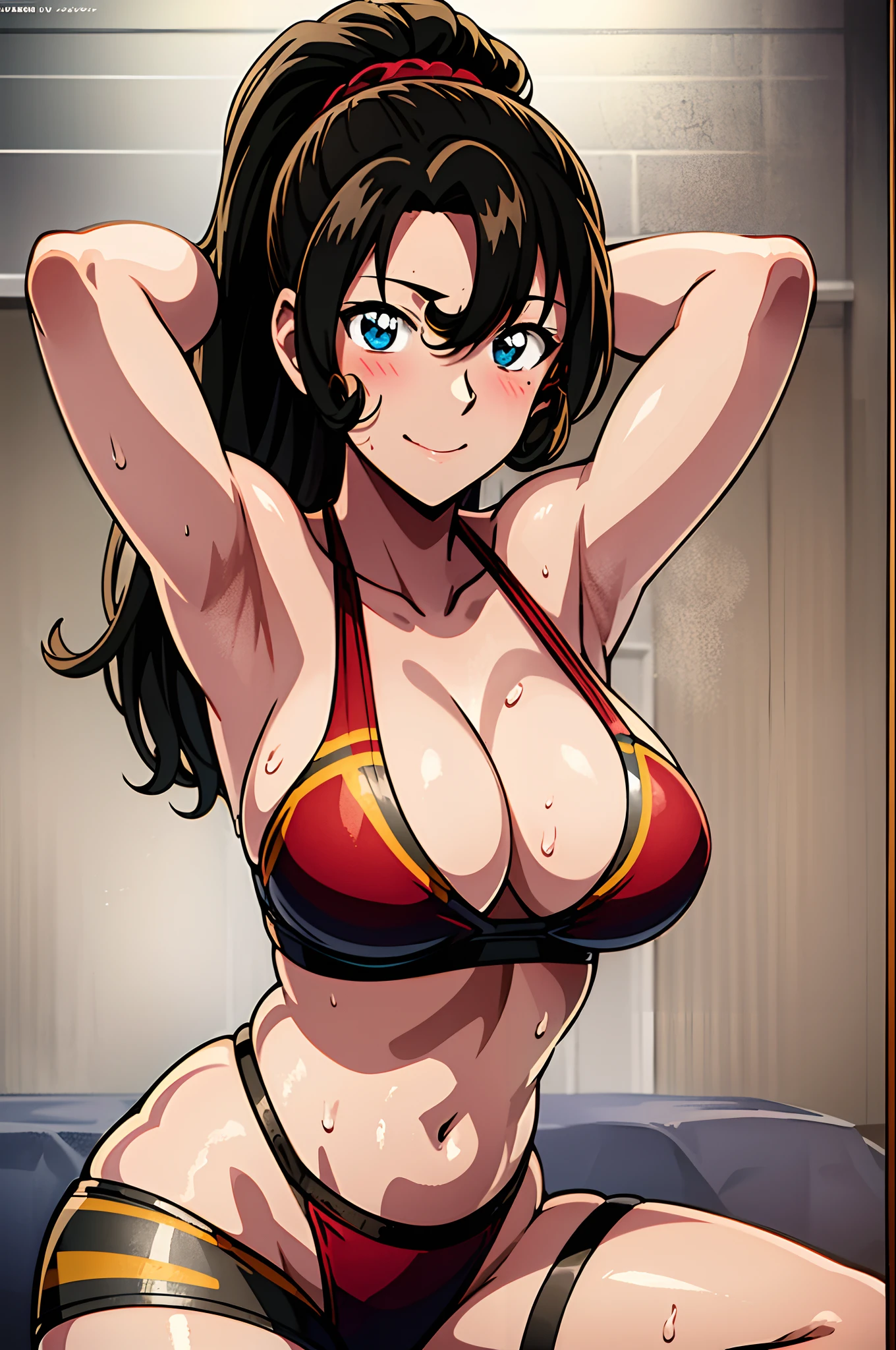 poster, anime style, hires ((wrestling ground)), (female wrestler), (slender body, sweating, tired), mature woman, milf, (bikini, ultra detailed pro wrestling gear) victorious, gorgeous, winner, confident face, smile, (closed mouth), (pale skin, shiny skin, lighting and shadow), big breasts, (only one arm stretching), long belly, closed fists, seductive, (brown, long hair, ponytail), 37 years old