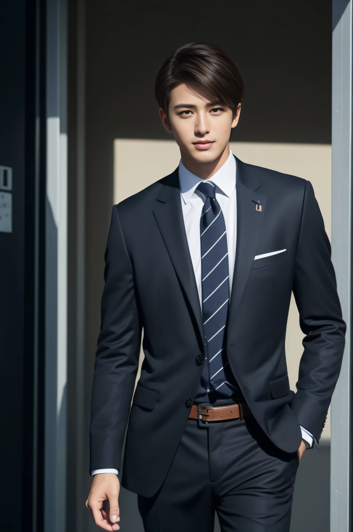 dark brown suit、　20-year-old refreshingly handsome new employee、　（Super cool S-class guy in a suit）、　Japan boys at 20 years old、　businessman、　Ultra-luxury suits、　s Office、　Stand in a suitＳYoung handsome man、　Full body photo、　（Highly detailed photos of CG Unity 8K）、　（A highly detailedＳHandsome man in class）、　（Photo Real）、　　（（top-quality））、　ultra-detailliert、　（​masterpiece）、　An ultra-high picture quality、　tall、　viewer、　Gentle man、　Very beautiful hair、　Shorthair、　Bright photo、　Handsome like a model、　Handsome like an idol、　Luxury Watches、　Cool belt、　japanes