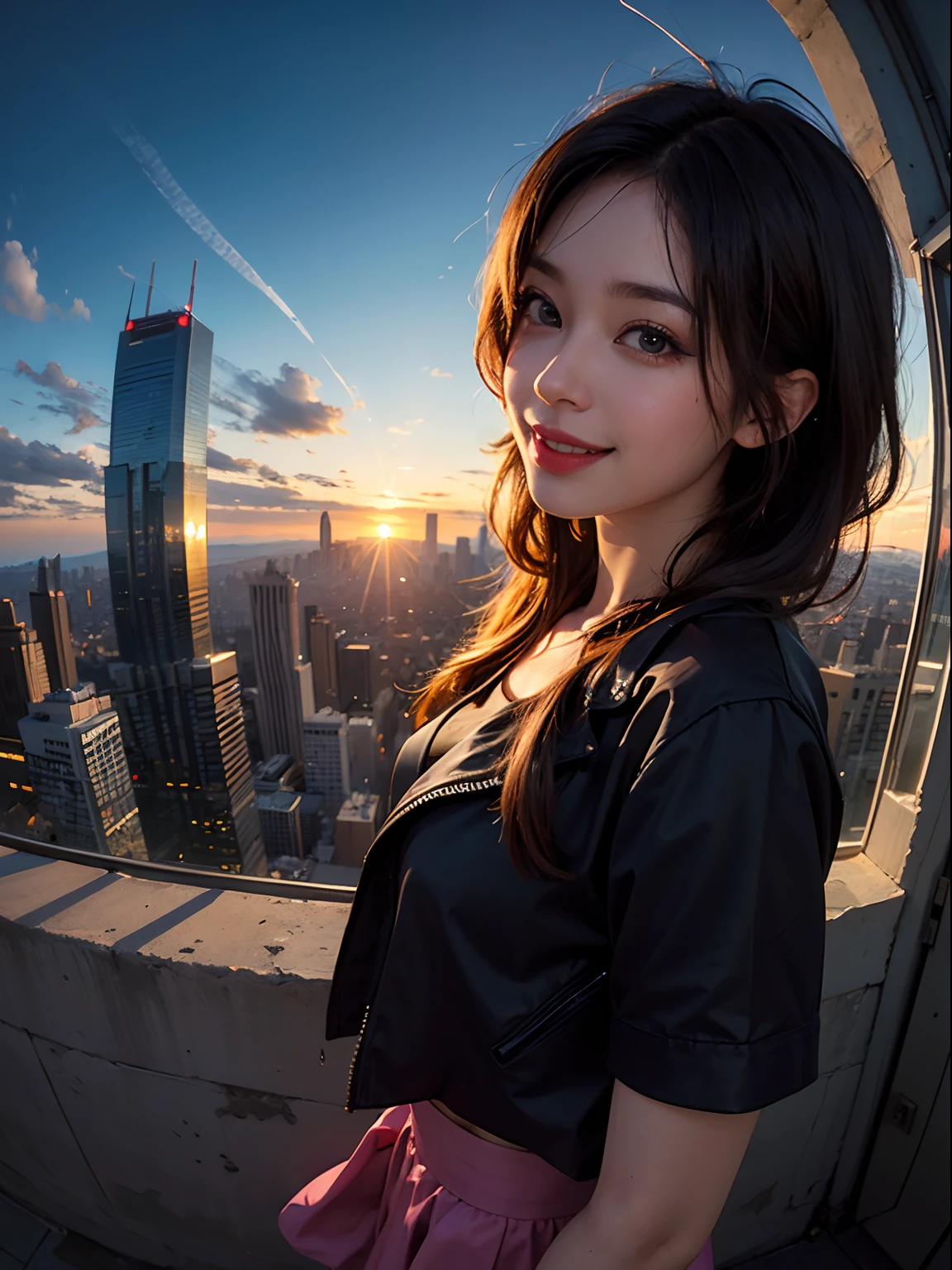 1 punk girl, fisheye, selfie, wind, messy hair, sunset, cityscape, (aesthetics and atmosphere:1.2),smiling