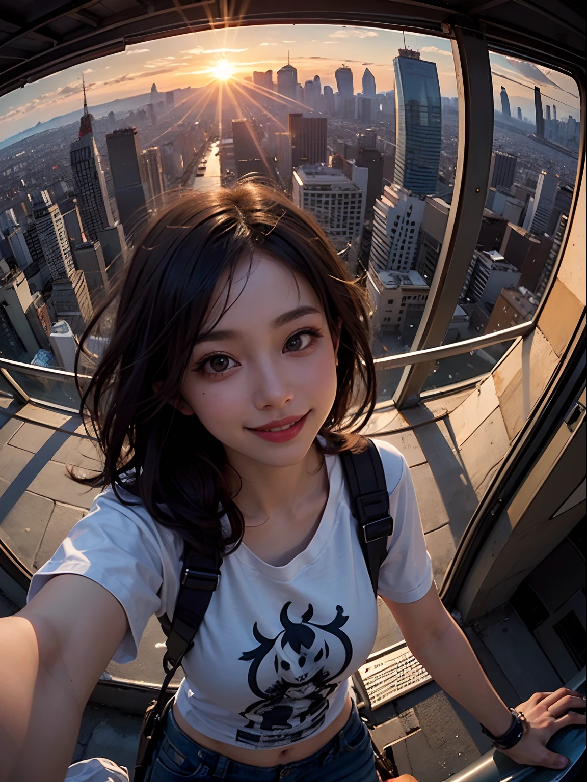 1 punk girl, fisheye, selfie, wind, messy hair, sunset, cityscape, (aesthetics and atmosphere:1.2),smiling