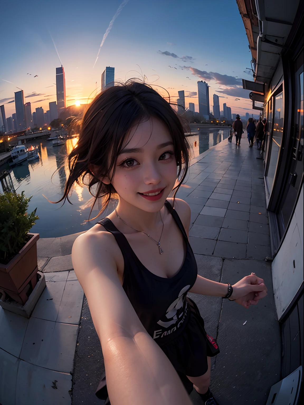 1 punk girl, fisheye, selfie, wind, messy hair, sunset, cityscape, (aesthetics and atmosphere:1.2),smiling