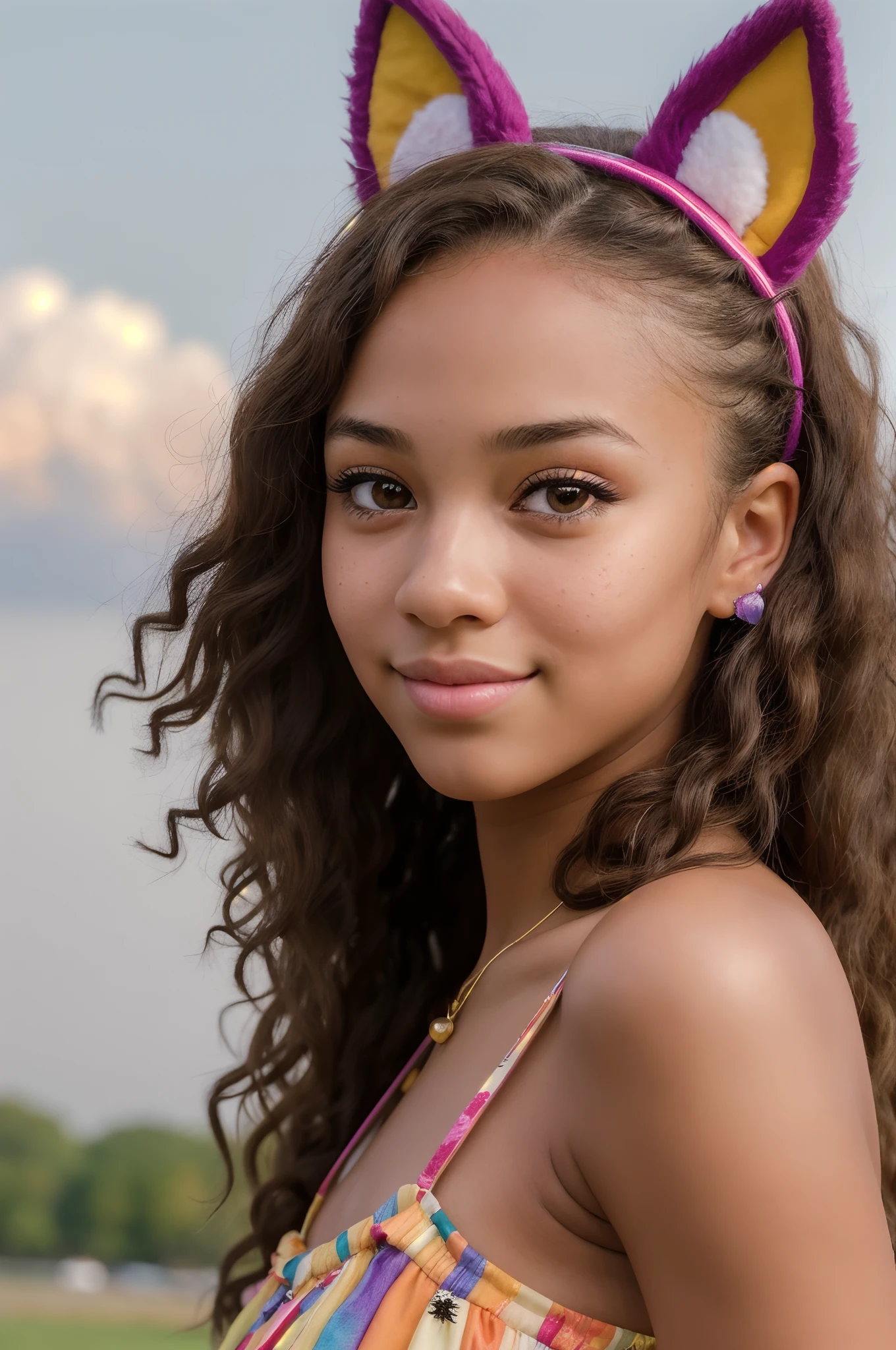 candid photo of a cute young woman, extremely detailed eyes, beautiful face, detailed natural skin with pores, colorful outfit, fake animal ears, natural hair, beautiful detailed sky, award winning photo, nikon d850 film stock photograph f1.6 lens, rich colors, dramatic lighting, looking at the viewer, RAW photo, high quality, sharp focus