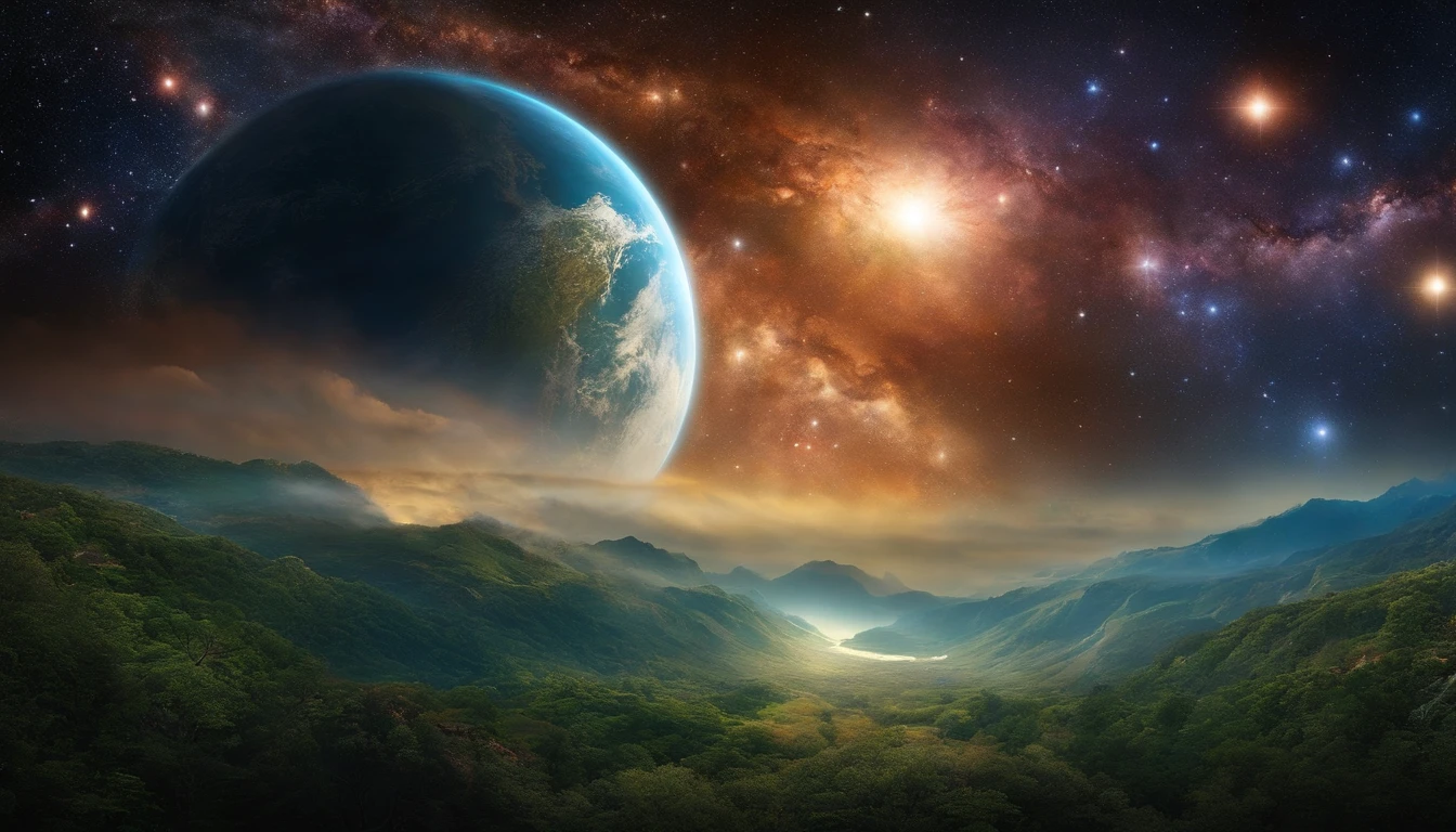 An artistic representation of the universe and Earth, emphasizing divine creation.