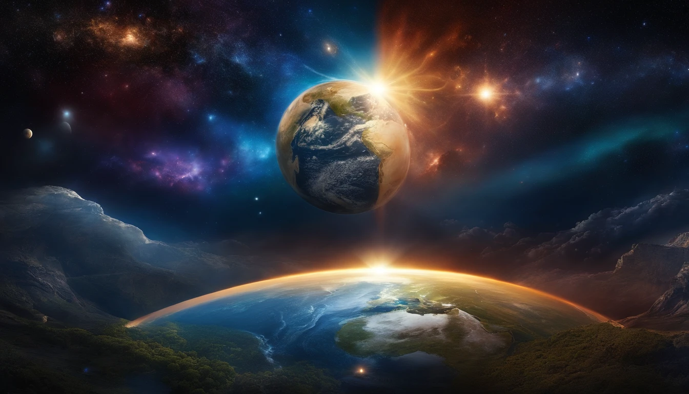 An artistic representation of the universe and Earth, emphasizing divine creation.