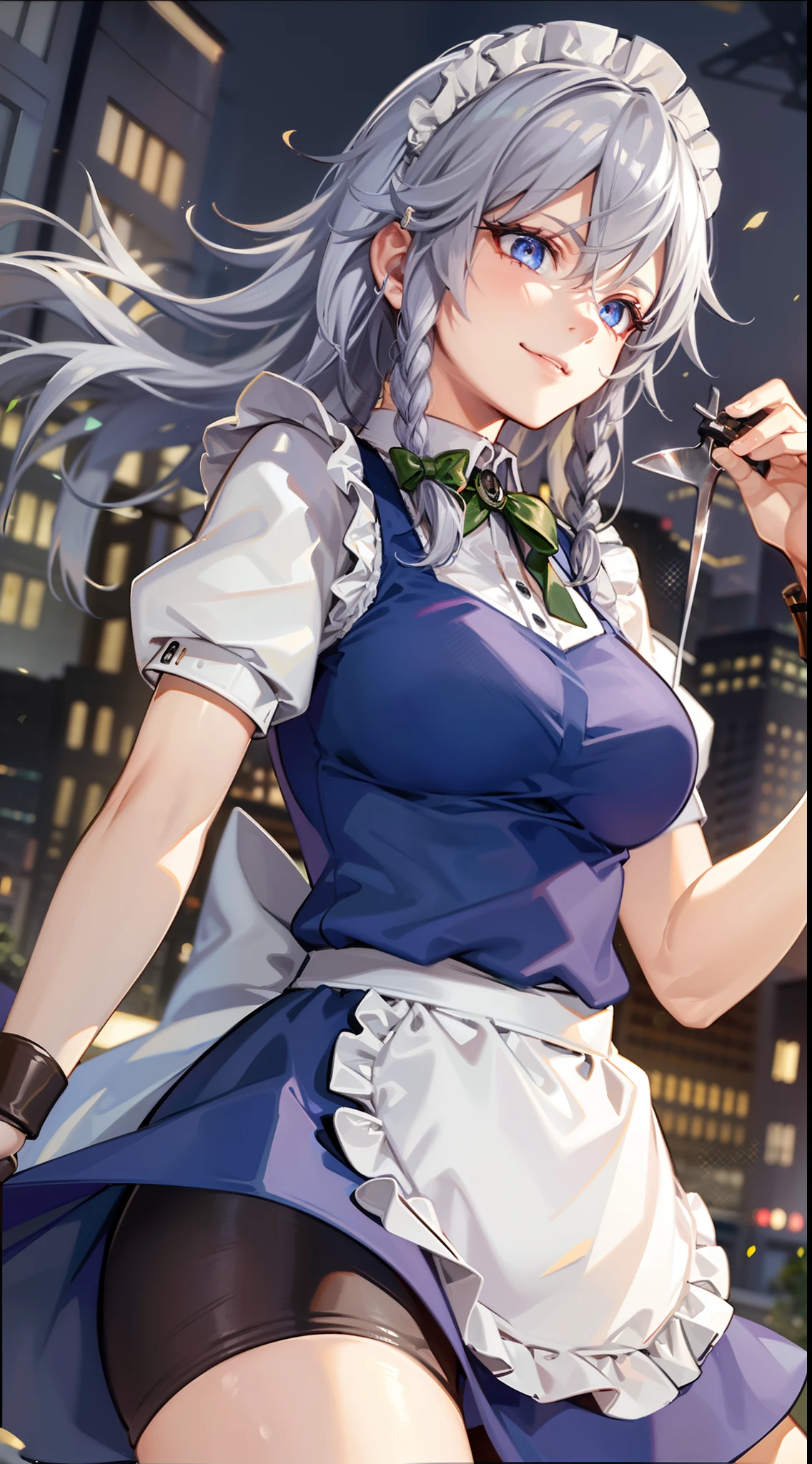 (Unity 16K Wallpaper, masutepiece, Best Quality, Ultra-detailed, extremely details CG, Cinematic lighting, Detailed, Beautiful detailed eyes, Solo),超A high resolution,Fine skin,A sexy,maid, maid apronl, Maid headdress,Knives,seductive smile,from below,have a knife,floating hair, outdoors, wind,