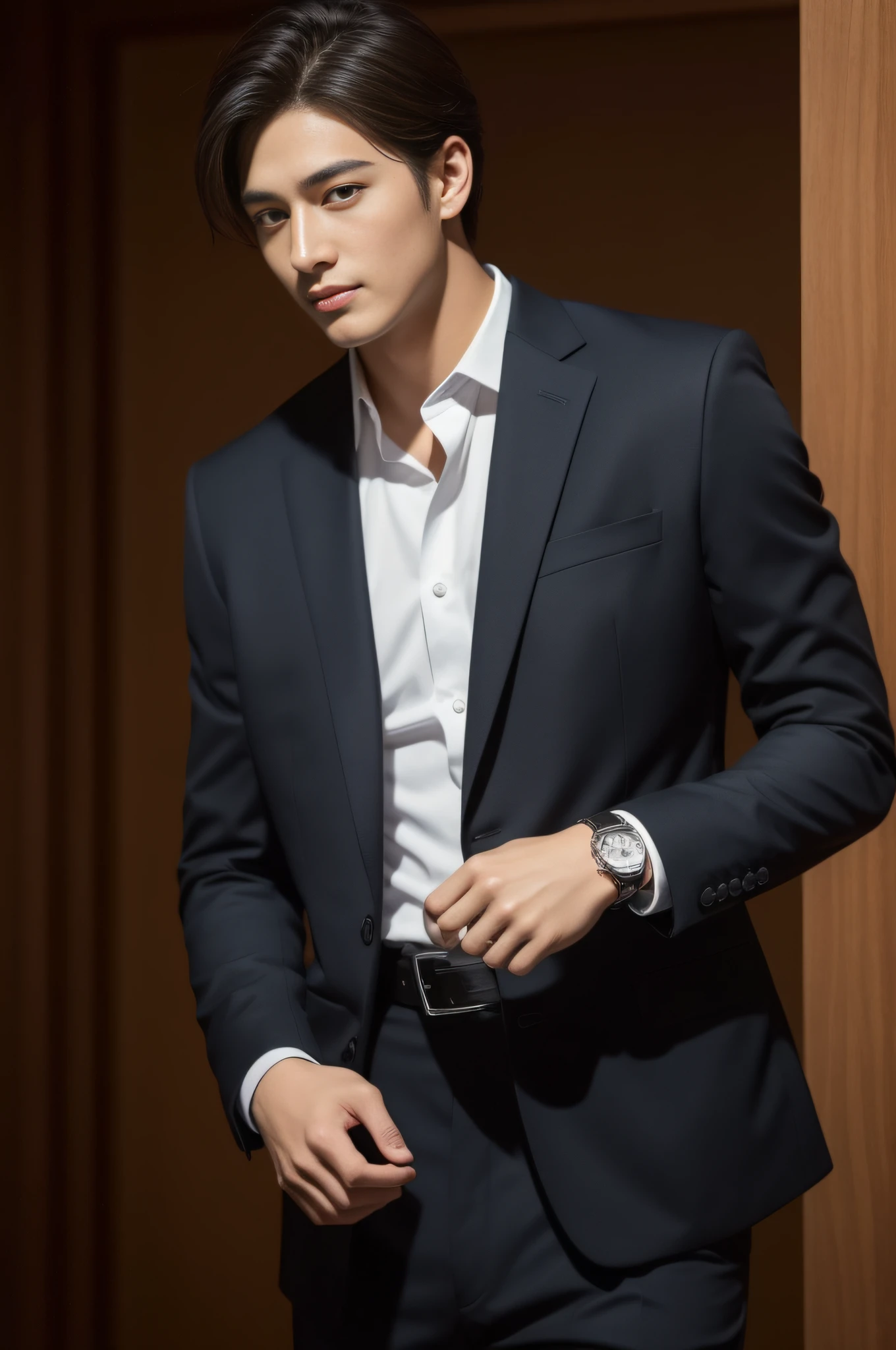 dark brown suit、 20-year-old refreshingly handsome new employee、 (Super cool S-class guy in a suit)、 Japan boys at 20 years old、 businessman、 Ultra-luxury suits、 s Office、 Stand in a suitSYoung handsome man、 Full body photo、 (Highly detailed photos of CG Unity 8K)、 (A highly detailedSHandsome man in class)、 (Photo Real)、 ((top-quality))、 ultra-detailliert、 (masterpiece)、 An ultra-high picture quality、 tall、 viewer、 Gentle man、 Very beautiful hair、 Shorthair、 Bright photo、 Handsome like a model、 Handsome like an idol、 Luxury Watches、 Cool belt、 japanes