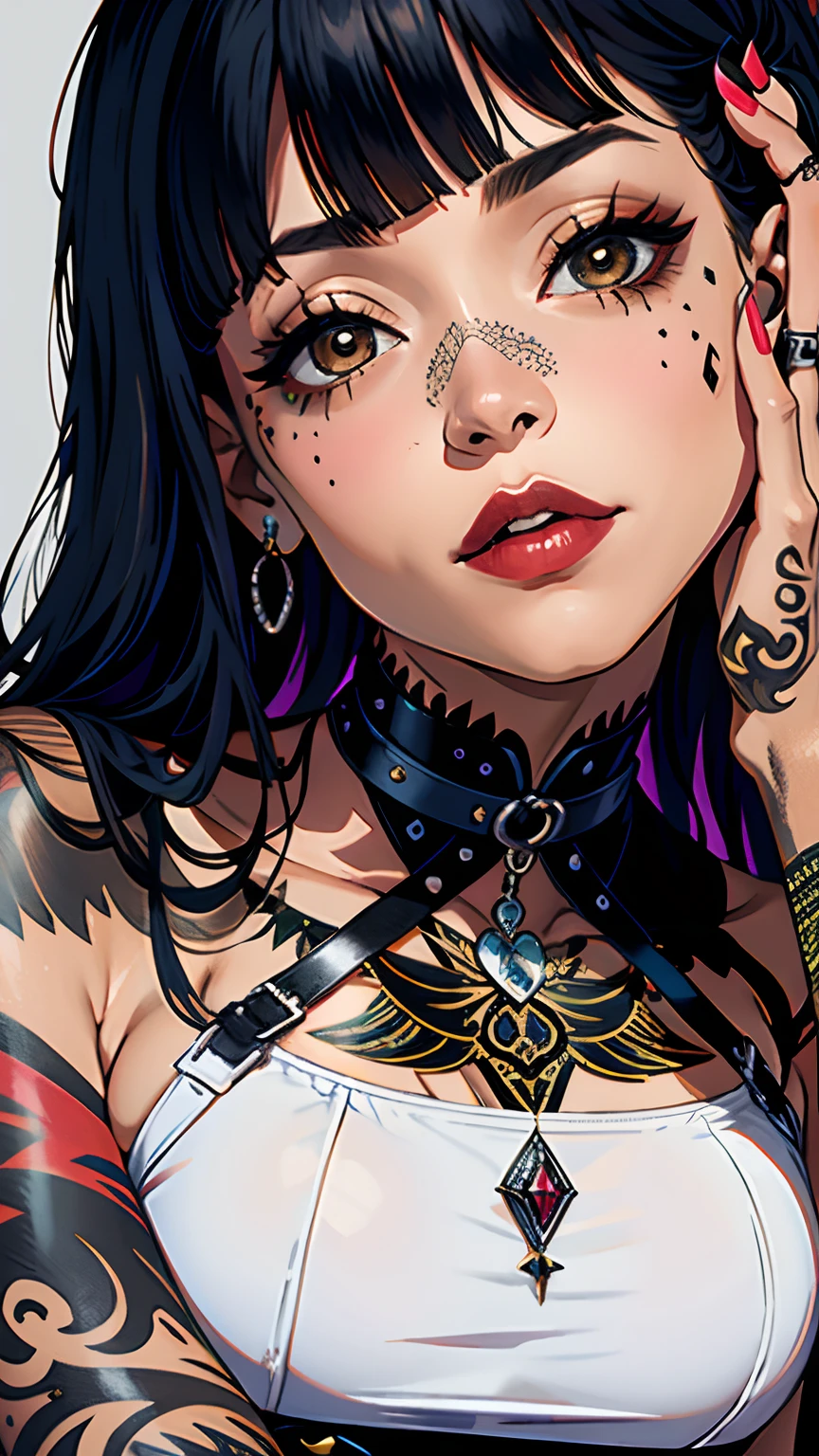 arafed woman with a tattoo on her chest and neck, septal perfurante | |, coleira de piercings, usando gargantilha preta, tatuagens e piercings, usando gargantilha, choker on the neck, anel nasal, piercing no nariz, usando gargantilha preta intrincada, neck zoomed in from lips down, sardas pequenas, neck tattoos, usando uma gargantilha nativa americana, Piercings faciais