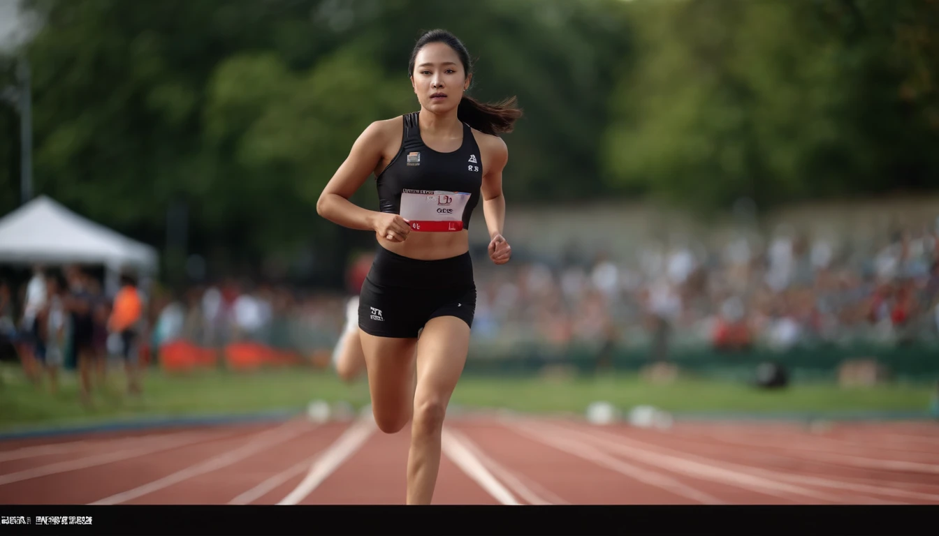 35mm humanistic lens,Sports girl,Starting position,running track,detailedbackground,Asian Games,Full body like,Smudge,Faraway view,super-fine,ultra - detailed,high qulity,8K ,oc rendered,dynamic viewing angle,Hyper Real,Ultra photo realsisim