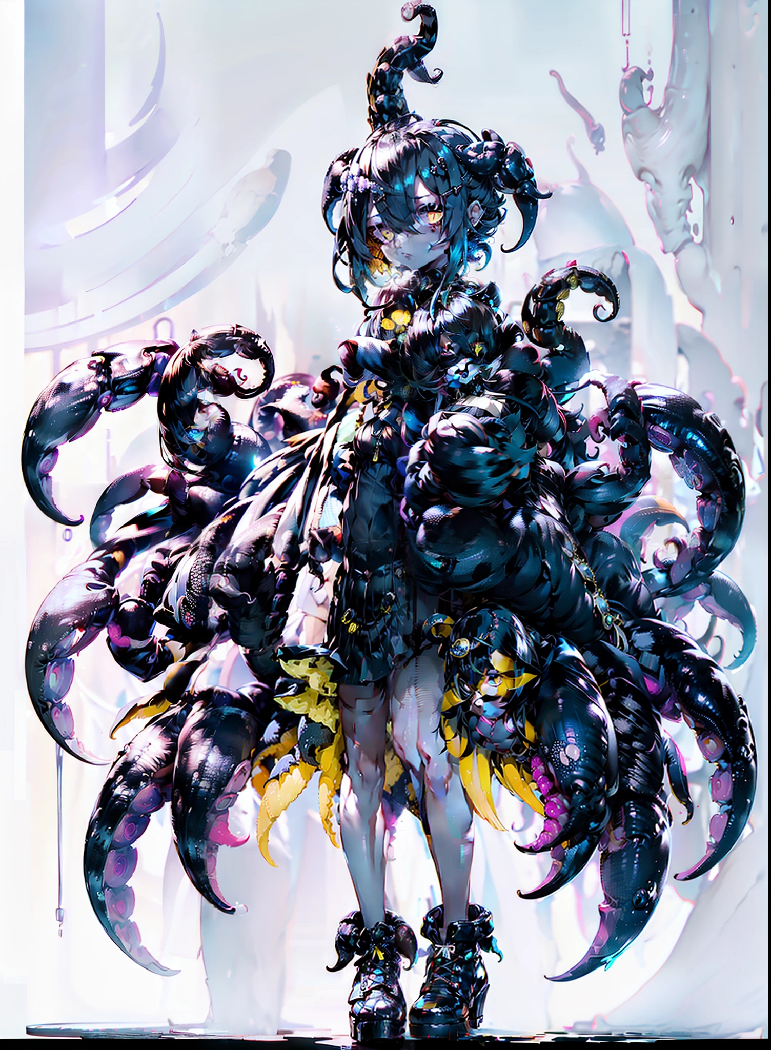 Girl in a gothic dress. she is wearing a black dress. One of her hands became a scorpion scissors. Scorpion's tail. Silver hair. Eye patch. an eye patch. One of her eyes is covered. Mini skirt. Black boots. Yellow eyes. Yellow Crystal Hair Accessories. Black umbrella small top hat on her head. Many wings. Full body image.