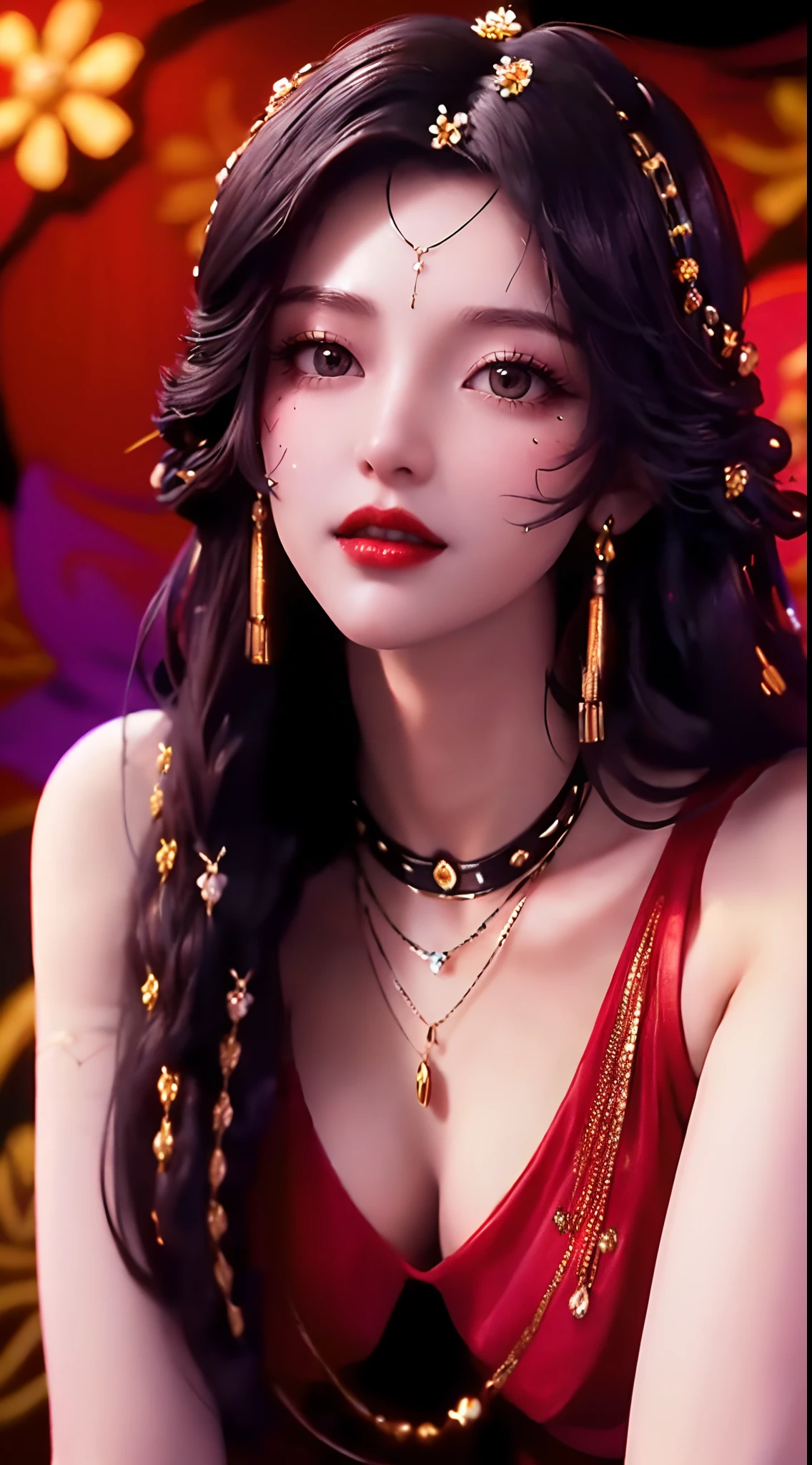 1 beautiful and sexy 20 year old girl, ((wearing a super thin red dress:1.6)), dress with diamonds, ((long purple-black hair:1.6)), bangs, elaborate jewelry made from stones noble and beautiful hair, ((wearing a black lace necklace:1.4))), noble, noble style of an extremely beautiful girl, super cute little face, very pretty face, fur thin eyebrows, flawless beautiful face, ((black eye pupils: 0.8)), very beautiful eyes, ((black eyes: 1.6)), beautiful makeup and detailed hairdo, eyelashes, eye makeup wet, high nose, earrings, red lips, ((closed mouth: 1;5 )) beautiful lips, slim hands, ((arms spread out to the sides: 1.5)), rosy face, clean face, flawless beautiful face, smooth white skin, (big breasts: 1.5)), ((high breasts: 1.6)), firm breasts, nice cleavage, (((big and super round breasts: 1.8))) , ((super firm breasts: 1.7)) , beautiful breasts, perfect body, (((sitting position, leaning back and hands behind: 1.5))), ((chest puffed out: 1.5)) , don't be shy, 8k photos, super high quality, super realistic, super 10x pixels, optical, bright studio, bright edges, two-tone lighting, (high detail skin:1.2), super 8k, soft lighting , high quality, volumetric light, optical, optical high resolution, light, best photo, 4k, 8k quality, blur effect, smooth sharpness, 10 x pixels, ((flower red background:1.5)), aurora, lightning, super realistic graphics, most realistic graphics, alone, solo, Extremely sharp, surreal images, (((frontal portrait: 1.4)))."