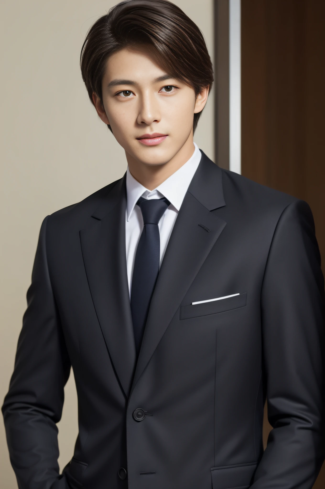 dark brown suit、　20-year-old refreshingly handsome new employee、　（Super cool S-class guy in a suit）、　Japan boys at 20 years old、　businessman、　Ultra-luxury suits、　s Office、　Stand in a suitＳYoung handsome man、　Full body photo、　（Highly detailed photos of CG Unity 8K）、　（A highly detailedＳHandsome man in class）、　（Photo Real）、　　（（top-quality））、　ultra-detailliert、　（​masterpiece）、　An ultra-high picture quality、　tall、　viewer、　Gentle man、　Very beautiful hair、　Shorthair、　Bright photo、　Handsome like a model、　Handsome like an idol、　Luxury Watches、　Cool belt、　japanes