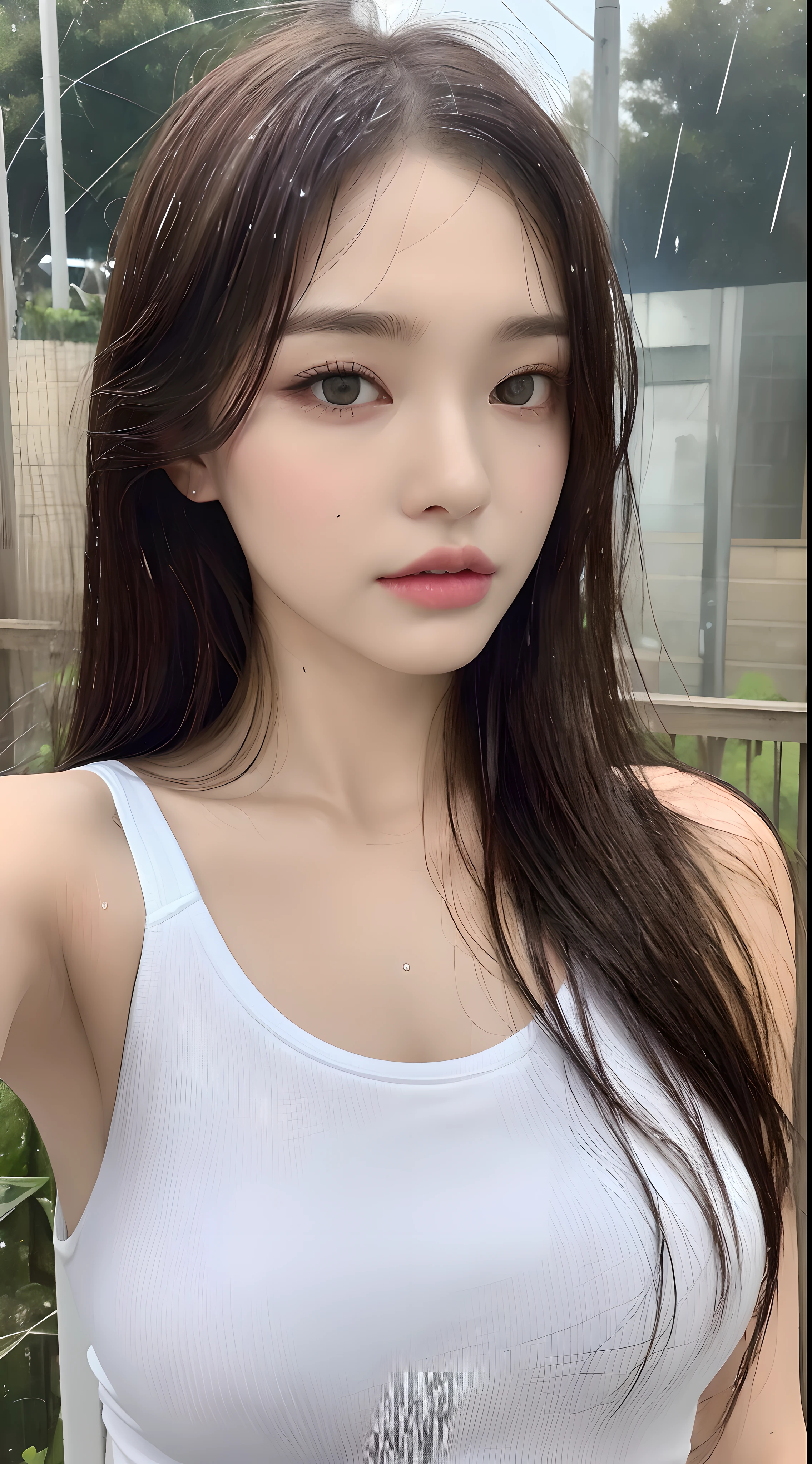 ((Best quality, 8k, Masterpiece :1.3)), Sharp focus: 1.2, Perfect Body Beauty: 1.4, Slim Abs: 1.2, ((Layered hairstyle: 1.2)), (Tank top shirt:1.1), (Street: 1.2), Highly detailed face and skin texture, Fine eyes, Double eyelids, close up