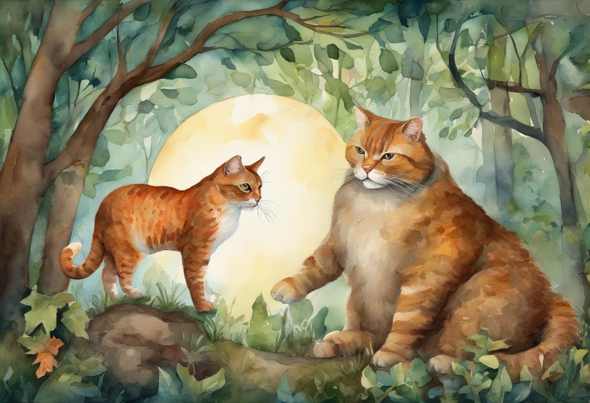 masterpiece, best quality, a fat cat with middle aged man in forest, moon, morning
