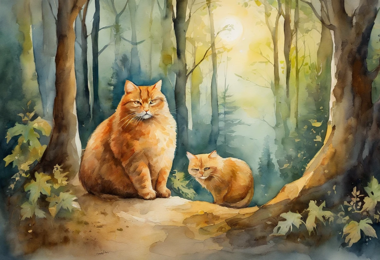 masterpiece, best quality, a fat cat with middle aged man in forest, moon, morning
