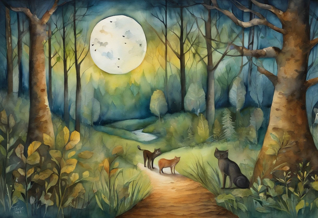 masterpiece, best quality, a fat cat with middle aged man in forest, moon, morning