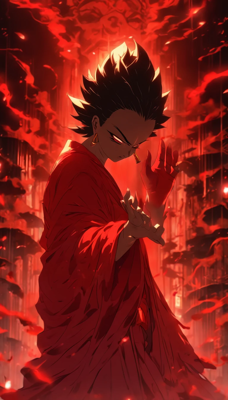 Blood red room, Flashing white TV screen, BUDDHA STATUE, cabelos preto e longos, with hair dishevelled, Cover one eye and face, Bright red eyes, Wearing a white transparent robe, Looming full breasts,liquor,Devil， reaching out her hands，Straighten your body, Red nails are exposed, Pinch the camera, hyper HD, Anatomically correct, Textured skin, Super detail, High details, High quality, A high resolution, 8K, hyper HD, Anatomically correct, Textured skin, Super detail, High details, High quality, Best quality, 8K,Leishnampo,Room 2,Horror
