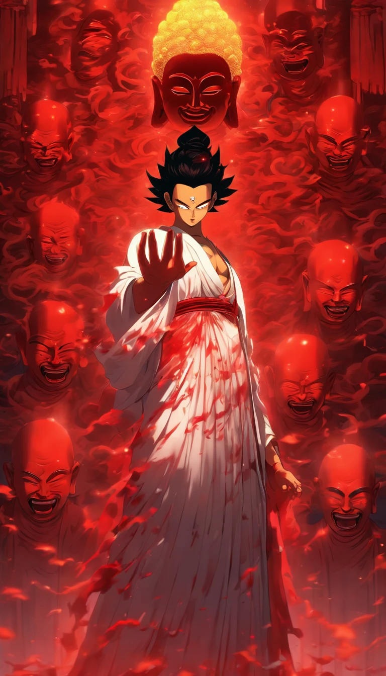 Blood red room, Flashing white TV screen, BUDDHA STATUE, cabelos preto e longos, with hair dishevelled, Cover one eye and face, Bright red eyes, Wearing a white transparent robe, Looming full breasts,liquor,Devil, reaching out her hands,Straighten your body, Red nails are exposed, Pinch the camera, hyper HD, Anatomically correct, Textured skin, Super detail, High details, High quality, A high resolution, 8K, hyper HD, Anatomically correct, Textured skin, Super detail, High details, High quality, Best quality, 8K,Leishnampo,Room 2,Horror