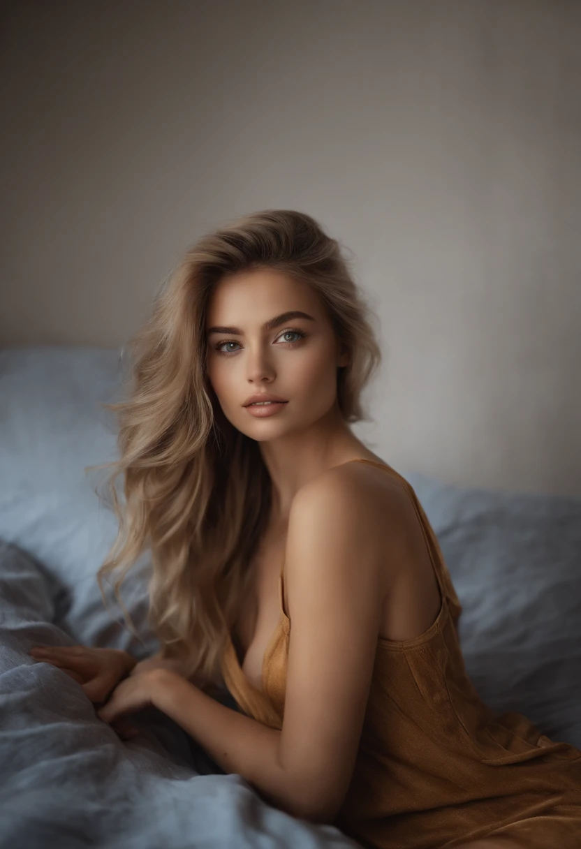 Arafed woman completely , fille sexy aux yeux bleus, ultra realist, Meticulously detailed, Portrait Sophie Mudd, cheveux blonds et grands yeux, selfie of a young woman, Yeux de chambre, Violet Myers, sans maquillage, maquillage naturel, looking straight at camera, Visage avec Artgram, Maquillage subtil, Great photo of the whole body kneeling on the bed, dans la chambre, Medium to large bust