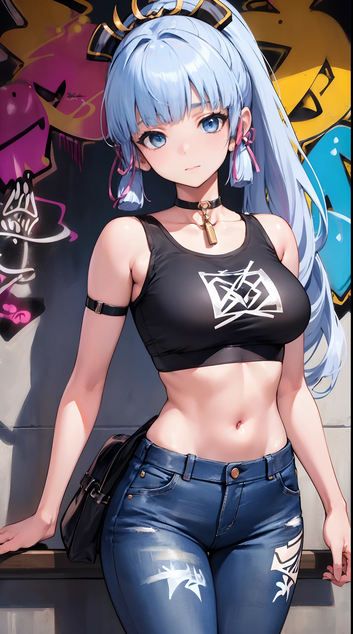 kamisato ayaka|genshin impact, master-piece, bestquality, 1girls,25 years old, proportional body, elongated legs, Beautiful, proportional., crop top, Long Jeans, mediuml breasts, ,bara, crop top, choker, (Graffiti:1.5), Splash with purple lightning pattern., arm behind back, against wall, View viewers from the front., Thigh strap, Head tilt, bored,(NSTDA.:1.2), (10, beste-Qualit, master-piece: 1.4), Beautiful red hair, ultra-high resolution, (lifelike, photorealistic portrait: 1.48), 20 age, Cute Girl, (Looking Through Crop Tops.), Famous Japanese actors, beautiful clear eyes, Head tilt, cowboy shot, from the front, looking at the audience, expressionless, Beautiful lake, Zeiss 150mm F/ 2.8 Hasselblad, Whole body, foot, Ultra-Wide Angle,