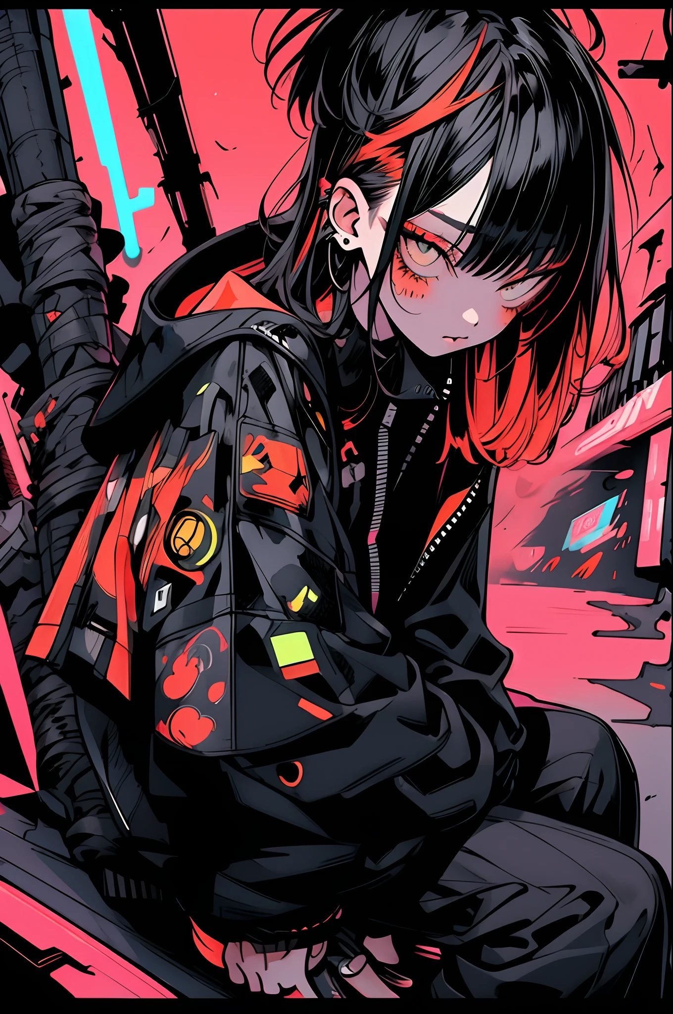 girl, orenge long hair, cool black open short jacket, tatoos, messy fade cut hair, crazy, sit pose, on futuristic neon night street background,poser