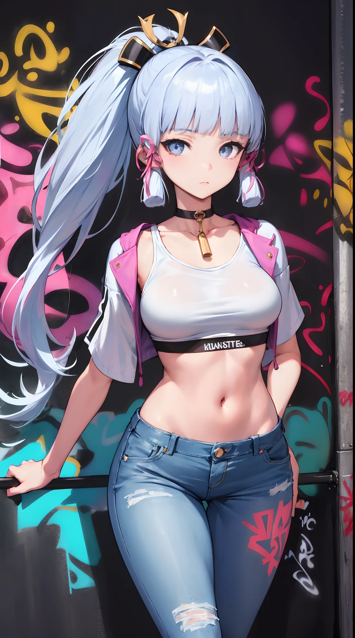 kamisato ayaka|genshin impact, master-piece, bestquality, 1girls,25 years old, proportional body, elongated legs, Beautiful, proportional., crop top, Long Jeans, mediuml breasts, ,bara, crop top, choker, (Graffiti:1.5), Splash with purple lightning pattern., arm behind back, against wall, View viewers from the front., Thigh strap, Head tilt, bored,(NSTDA.:1.2), (10, beste-Qualit, master-piece: 1.4), Beautiful red hair, ultra-high resolution, (lifelike, photorealistic portrait: 1.48), 20 age, Cute Girl, (Looking Through Crop Tops.), Famous Japanese actors, beautiful clear eyes, Head tilt, cowboy shot, from the front, looking at the audience, expressionless, Beautiful lake, Zeiss 150mm F/ 2.8 Hasselblad, Whole body, foot, Ultra-Wide Angle,