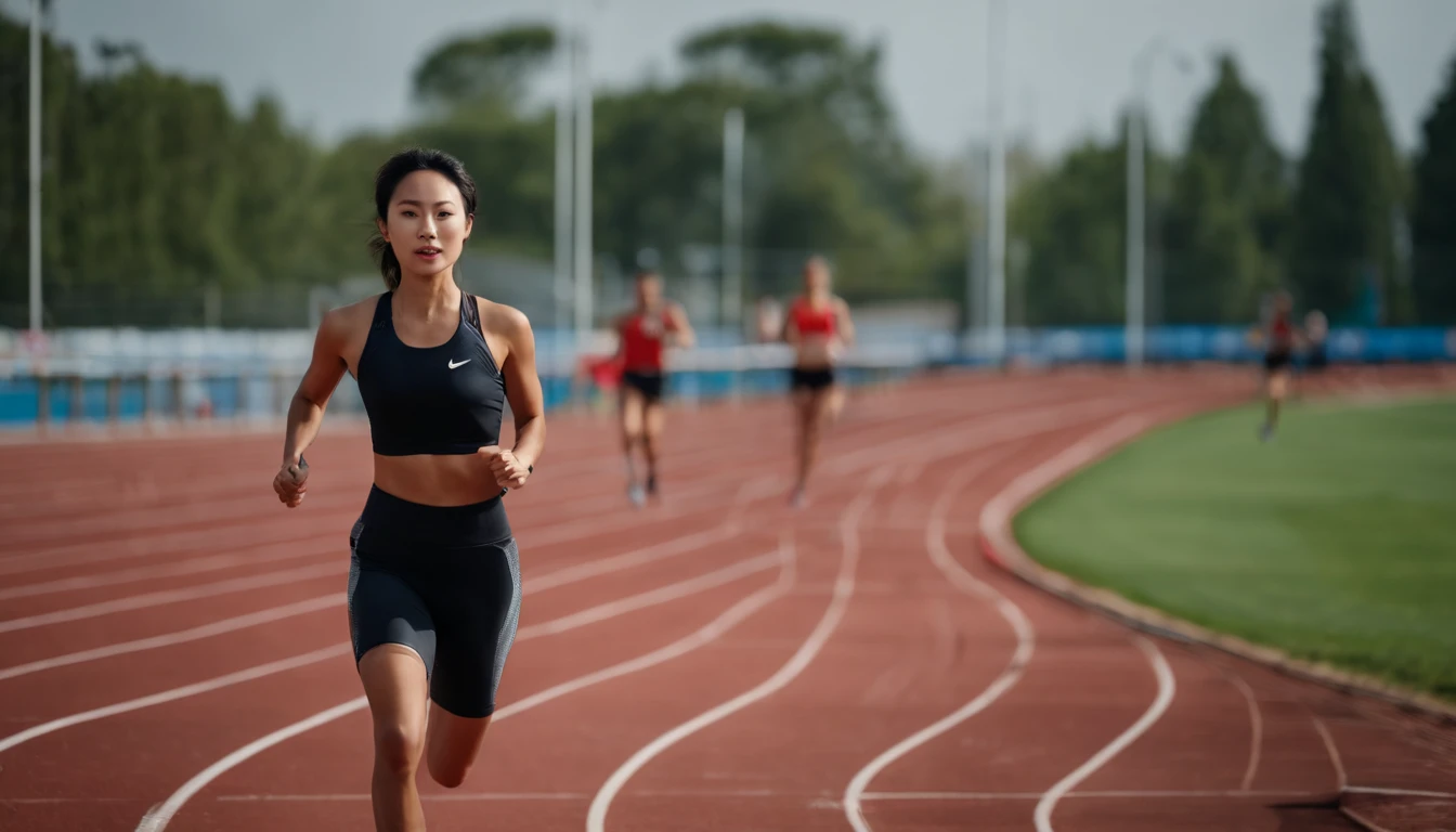 35mm humanistic lens,Sports girl,Starting position,running track,detailedbackground,Asian Games,Full body like,Smudge,Accurate facial features,dynamic blur,super-fine,ultra - detailed,high qulity,8K ,oc rendered,dynamic viewing angle,Hyper Real,Ultra photo realsisim