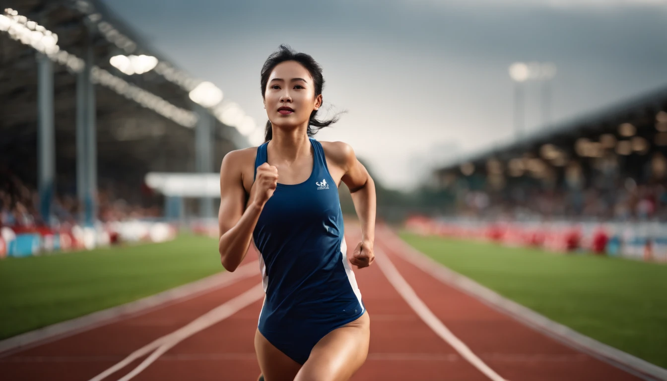 35mm humanistic lens，Sports girl，Starting position，running track，detailedbackground，Asian Games，Full body like，Smudge，Accurate facial features，dynamic blur，super-fine，ultra - detailed，high qulity，8K ，oc rendered，dynamic viewing angle，Hyper Real，Ultra photo realsisim