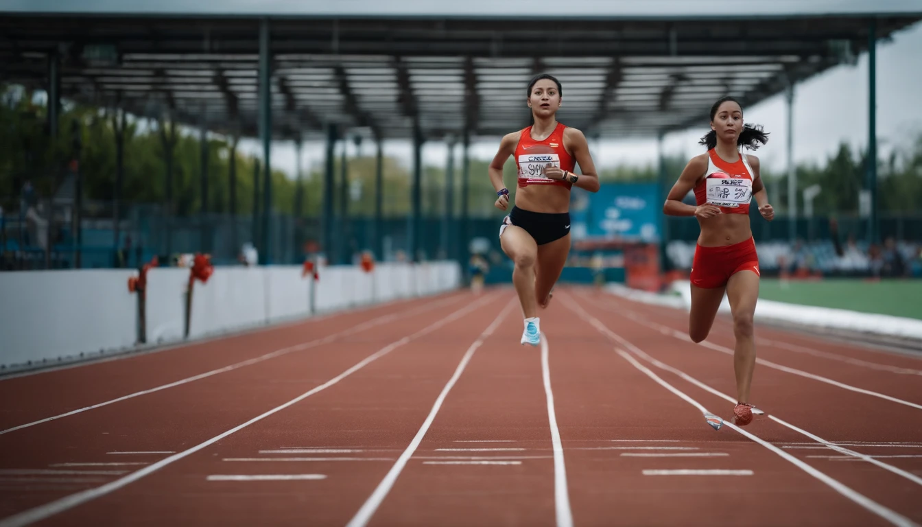 35mm humanistic lens,Sports girl,Starting position,running track,detailedbackground,Asian Games,Full body like,Smudge,Accurate facial features,dynamic blur,super-fine,ultra - detailed,high qulity,8K ,oc rendered,dynamic viewing angle,Hyper Real,Ultra photo realsisim