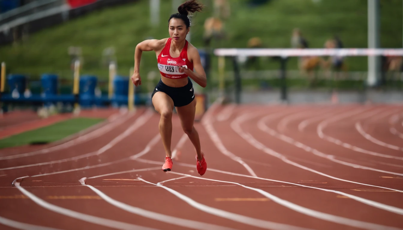 35mm humanistic lens，Sports girl，Starting position，running track，detailedbackground，Asian Games，Full body like，Smudge，Accurate facial features，dynamic blur，super-fine，ultra - detailed，high qulity，8K ，oc rendered，dynamic viewing angle，Hyper Real，Ultra photo realsisim