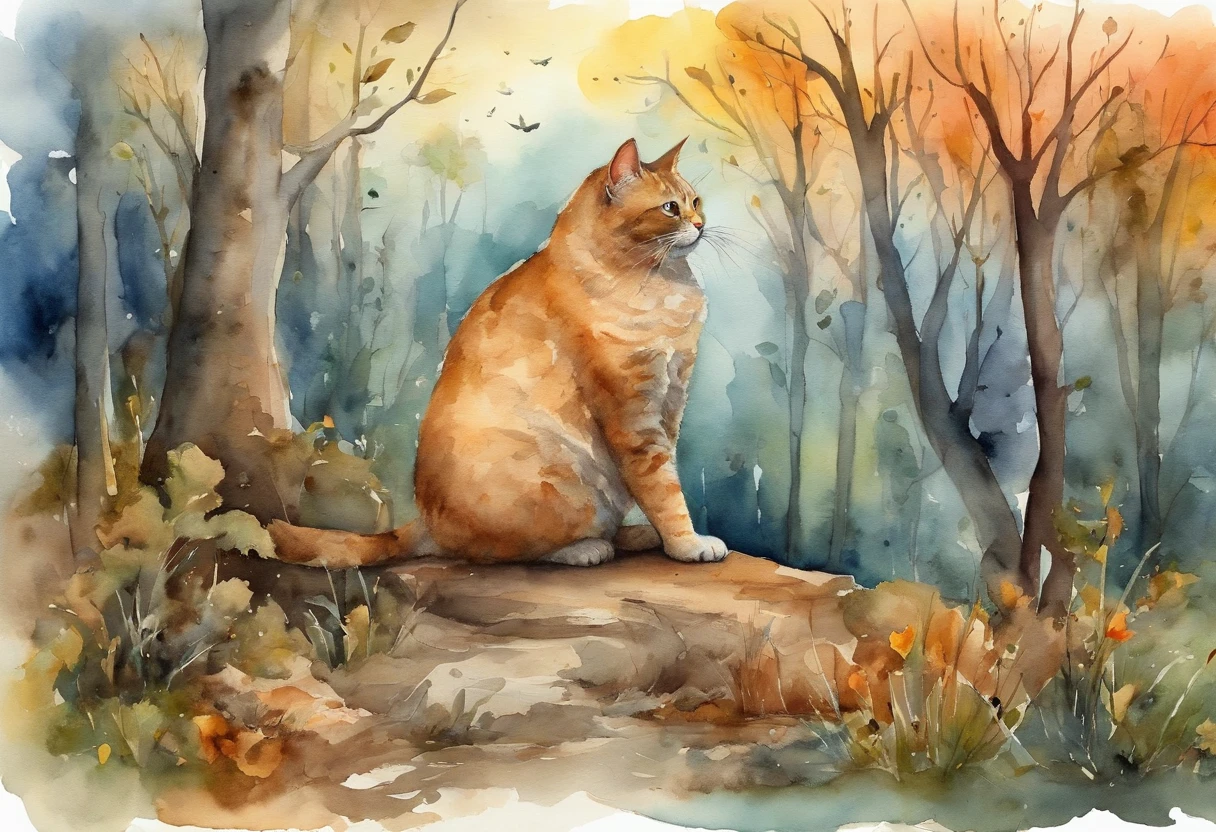 masterpiece, best quality, a fat cat with middle aged man in forest, moon, morning