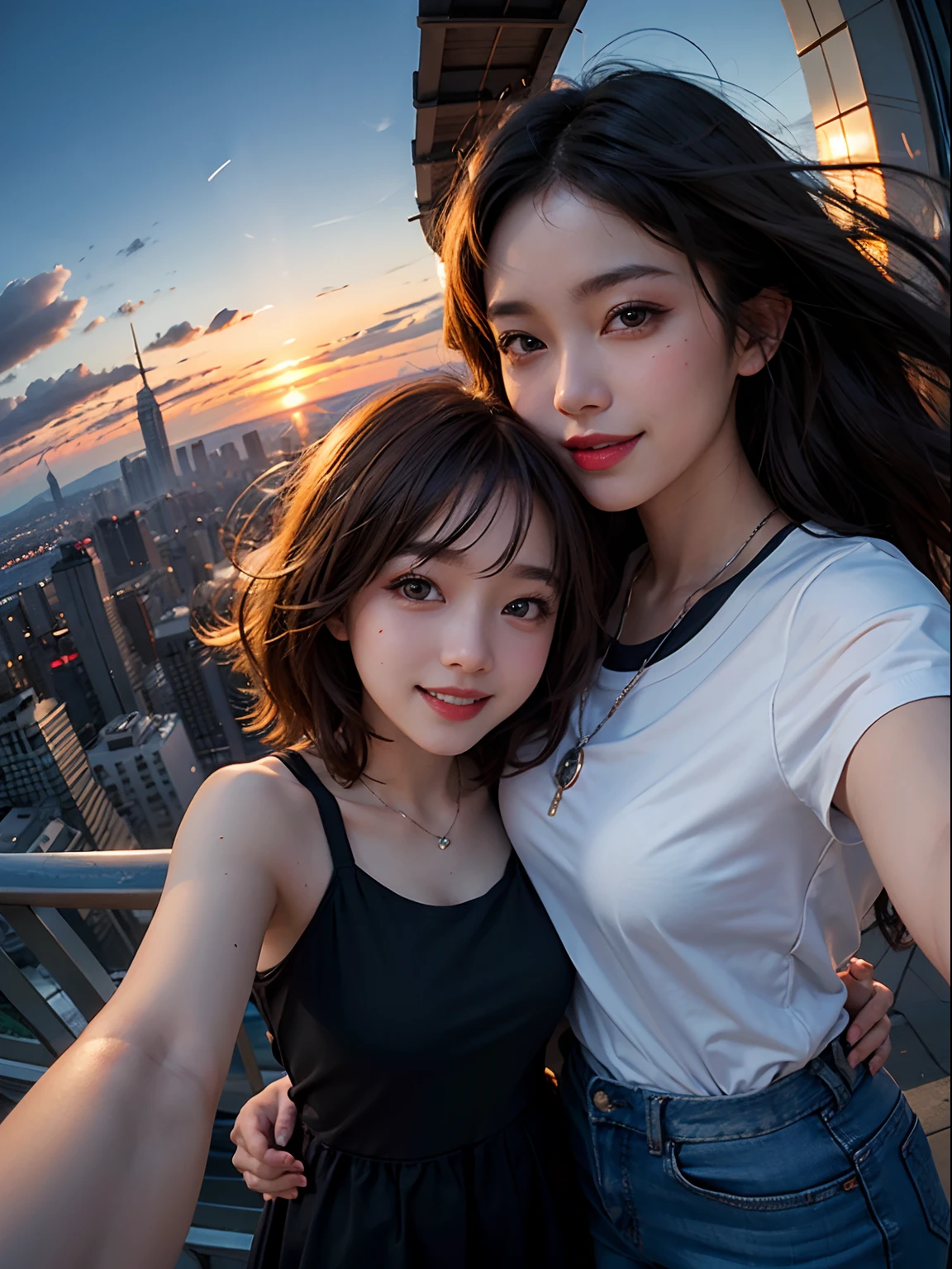 ((2girls)), fisheye, selfie, wind, messy hair, sunset, cityscape, (aesthetics and atmosphere:1.2),smiling