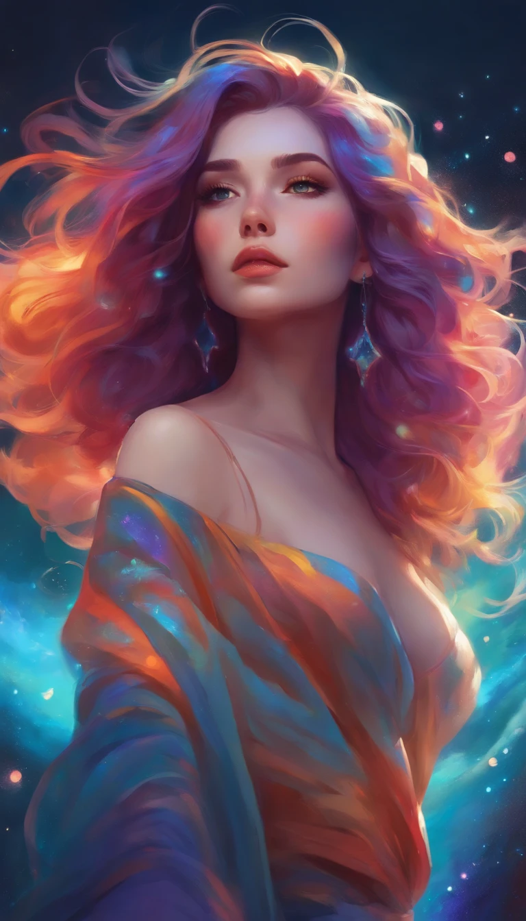 Primer plano de una mujer con cabello y collar coloridos, anime girl with cosmic hair, La suave vitalidad de Rossdraws, Ilustraciones de estilo Guvez, Fantasy art style, De color], vibrant fantasy style, Ross dibuja una caricatura llena de vitalidad, cosmic and colorful, Guweiz, Colorful Digital Fantasy Art, stunning art style, Hermoso estilo anime, Full body lighting, Aclaramiento de la piel, sexy expression