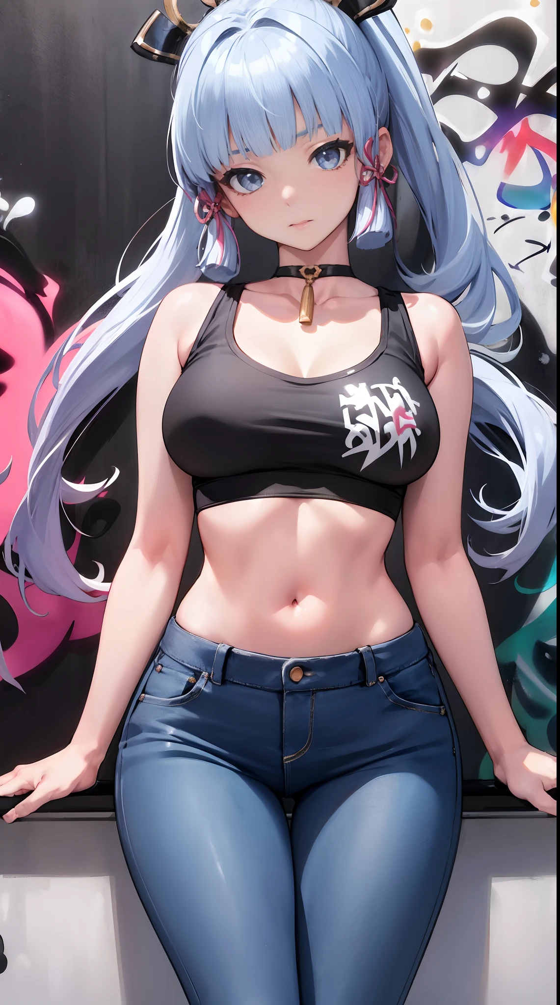 Women, sexy, White skin color, Red T-shirt, jeans, tight, sonrriente, earrings, big thighs, long hair, glasses, Big bust, exposed abdomen
