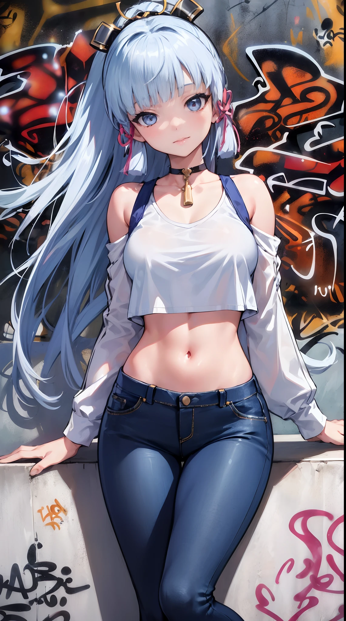 kamisato ayaka|genshin impact, master-piece, bestquality, 1girls,25 years old, proportional body, elongated legs, Beautiful, proportional., crop top, Long Jeans, mediuml breasts, ,bara, crop top, choker, (Graffiti:1.5), Splash with purple lightning pattern., arm behind back, against wall, View viewers from the front., Thigh strap, Head tilt, bored,(NSTDA.:1.2), (10, beste-Qualit, master-piece: 1.4), Beautiful red hair, ultra-high resolution, (lifelike, photorealistic portrait: 1.48), 20 age, Cute Girl, (Looking Through Crop Tops.), Famous Japanese actors, beautiful clear eyes, Head tilt, cowboy shot, from the front, looking at the audience, expressionless, Beautiful lake, Zeiss 150mm F/ 2.8 Hasselblad,  Whole body, foot, Ultra-Wide Angle,