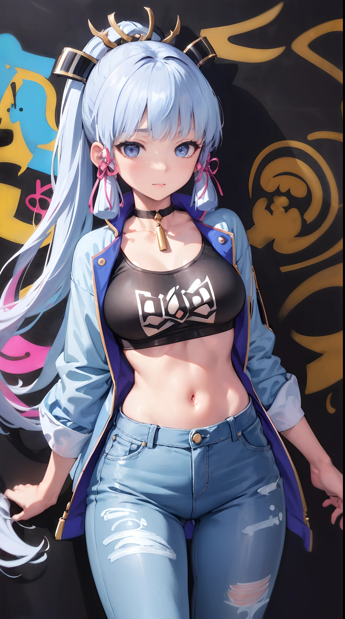kamisato ayaka|genshin impact, master-piece, bestquality, 1girls,25 years old, proportional body, elongated legs, Beautiful, proportional., crop top, Long Jeans, mediuml breasts, ,bara, crop top, choker, (Graffiti:1.5), Splash with purple lightning pattern., arm behind back, against wall, View viewers from the front., Thigh strap, Head tilt, bored,(NSTDA.:1.2), (10, beste-Qualit, master-piece: 1.4), Beautiful red hair, ultra-high resolution, (lifelike, photorealistic portrait: 1.48), 20 age, Cute Girl, (Looking Through Crop Tops.), Famous Japanese actors, beautiful clear eyes, Head tilt, cowboy shot, from the front, looking at the audience, expressionless, Beautiful lake, Zeiss 150mm F/ 2.8 Hasselblad, Whole body, foot, Ultra-Wide Angle,