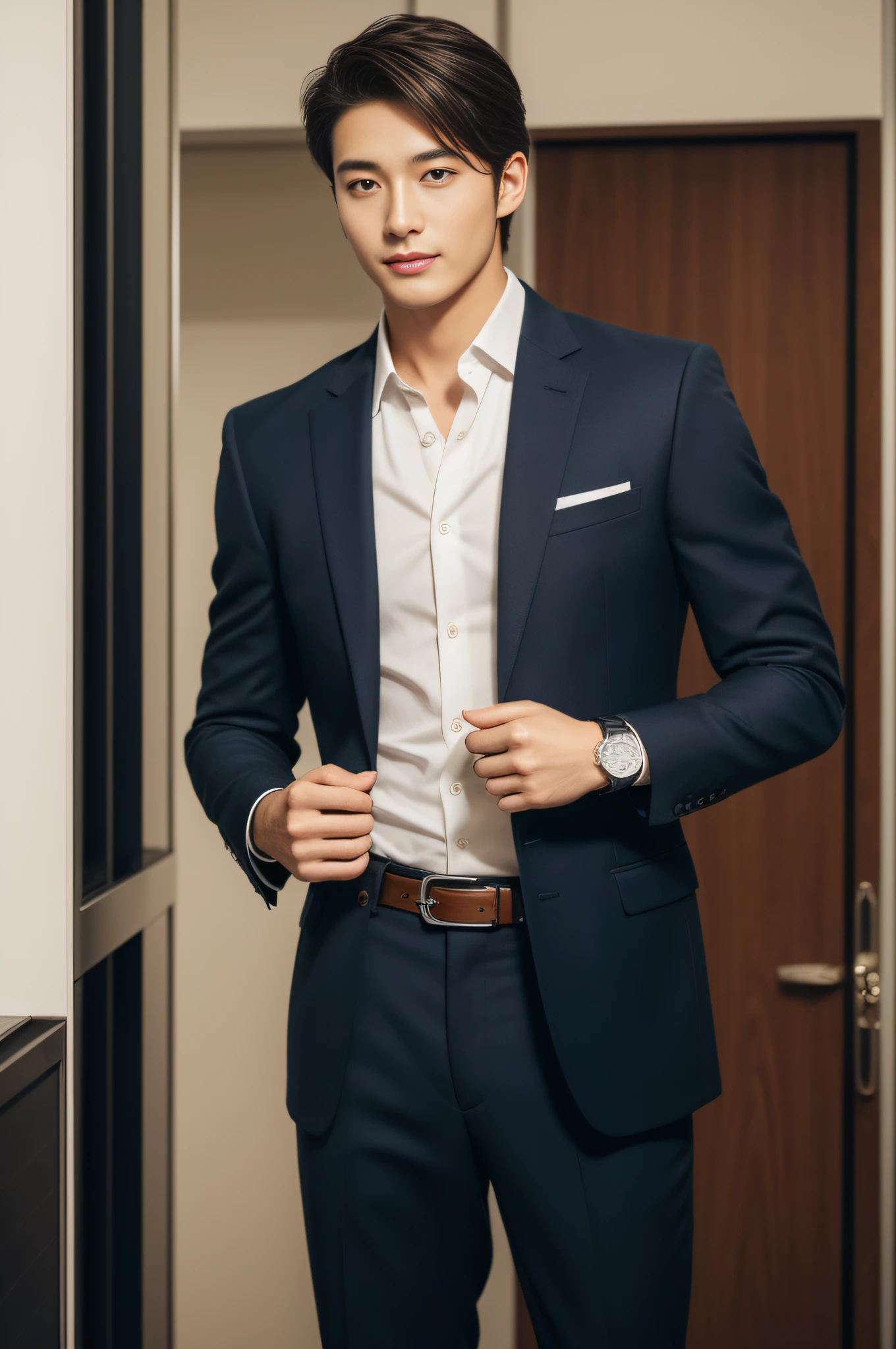 dark brown suit、 20-year-old refreshingly handsome new employee、 (Super cool S-class guy in a suit)、 Japan boys at 20 years old、 businessman、 Ultra-luxury suits、 s Office、 Stand in a suitSYoung handsome man、 Full body photo、 (Highly detailed photos of CG Unity 8K)、 (A highly detailedSHandsome man in class)、 (Photo Real)、 ((top-quality))、 ultra-detailliert、 (masterpiece)、 An ultra-high picture quality、 tall、 viewer、 Gentle man、 Very beautiful hair、 Shorthair、 Bright photo、 Handsome like a model、 Handsome like an idol、 Luxury Watches、 Cool belt、 japanes