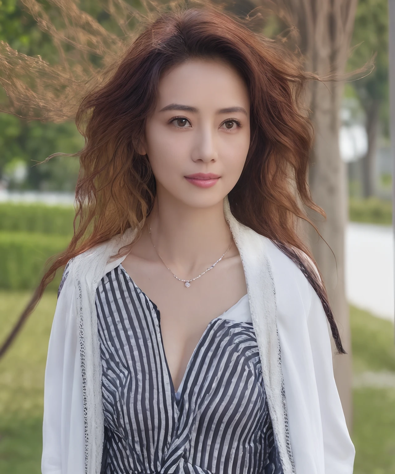 woman with curly hair wearing a skirt and blouse with detailed seductive alluring eyes in shanghai street, best quality masterpiece, photorealistic, detailed, 8k, HDR, shallow depth of field, broad light, high contrast, backlighting, bloom, light sparkles, chromatic aberration, sharp focus, RAW color photo,medium breasts, masterpiece, best quality,