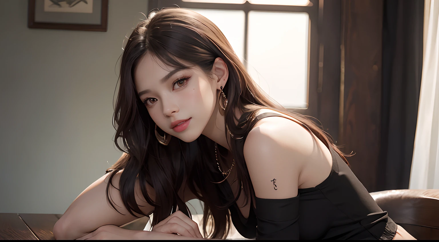 (masterpiece), a stunning photograph of blackpink lisa, full body, 8k, raw photo, looking at viewer, (highly detailed skin:1.2), small breasts, slim body, brown hair, (photorealistic:1.4), black shirt. black shorts, solo, jewelry, earrings, (looking at viewer), long hair, brown eyes, portrait, realistic, smile, makeup, sitting