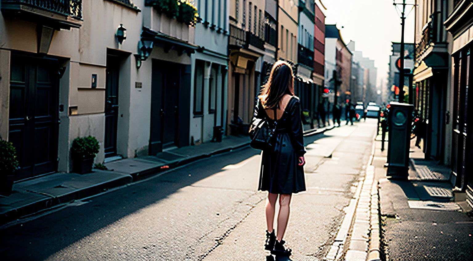 best qualtiy，8K，Back shadow，woman，A half body，Background street