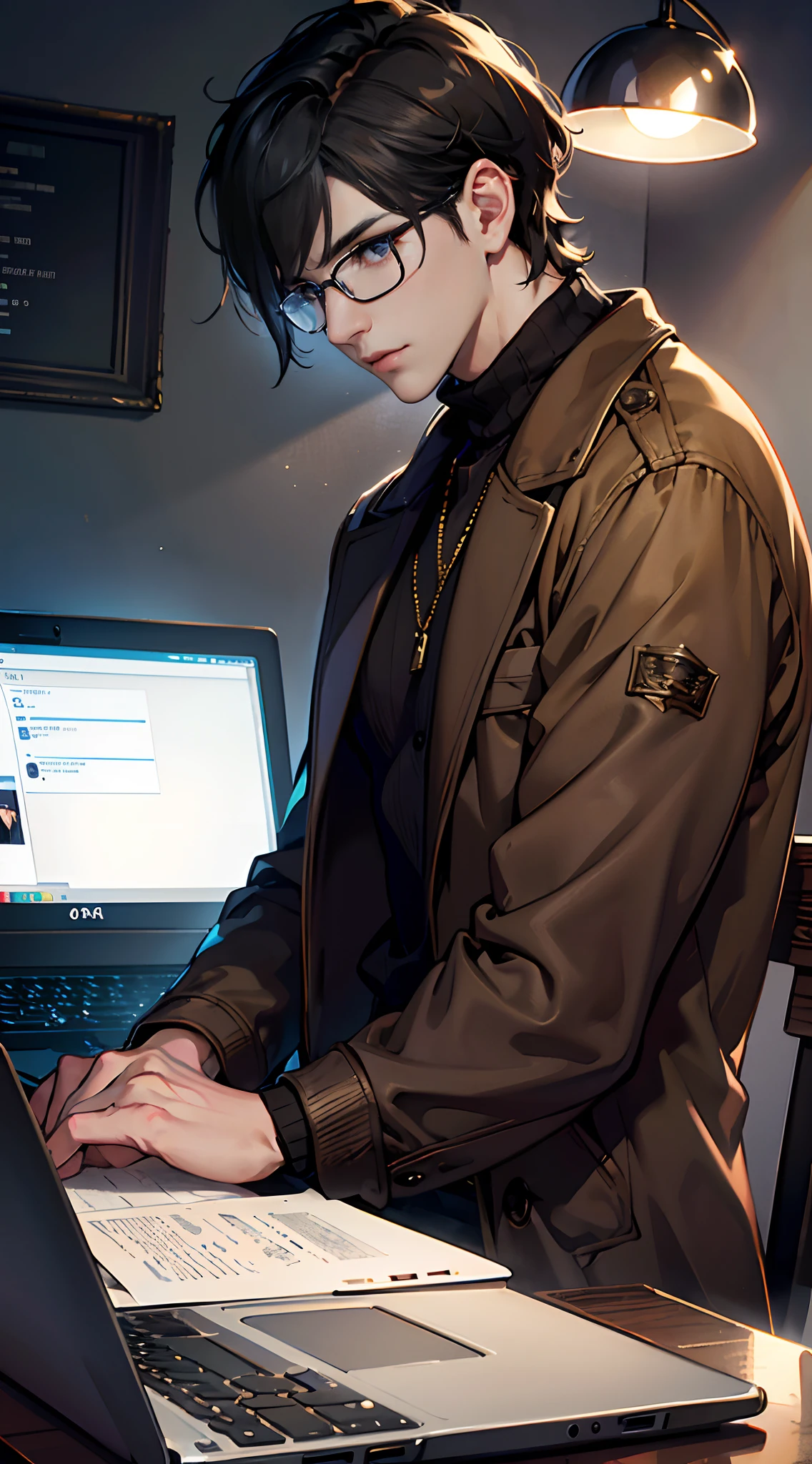 (tmasterpiece, high resolution, ultra - detailed:1.0), (1 boy, Young male), Eyes looking at the camera, Perfect male body, Delicate eyes and delicate face, Extremely detailed CG, 8K wallpaper, Complicated details, solo person, Detailed face,(Black hair, Brown coat,brown sweater, White shirt, Glasses, Sit in front of your laptop, Cafe background.), color difference, Depth of field, dramatic shadow, Ray tracing, Best quality, Cinematic lighting, offcial art