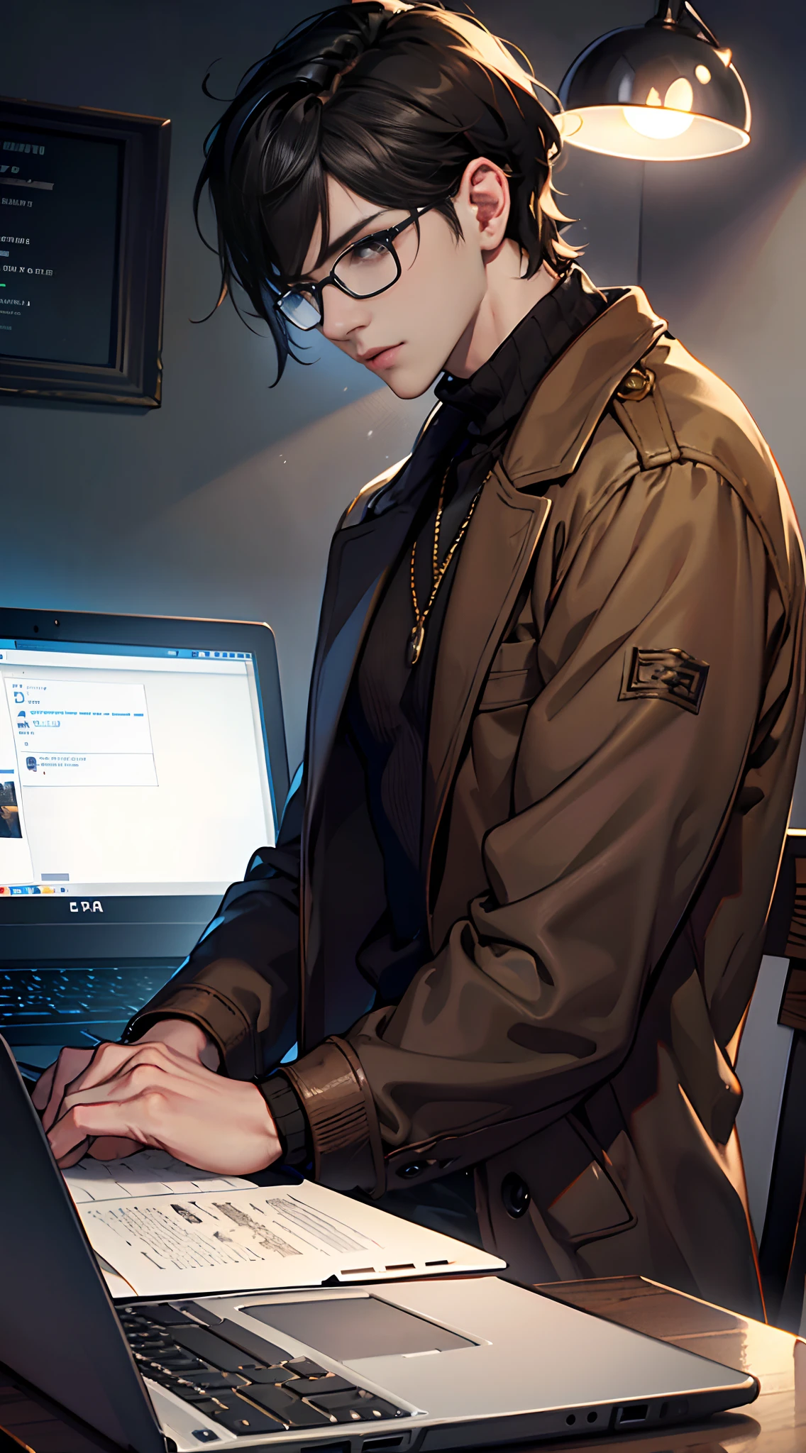 (tmasterpiece, high resolution, ultra - detailed:1.0), (1 boy, Young male), Eyes looking at the camera, Perfect male body, Delicate eyes and delicate face, Extremely detailed CG, 8K wallpaper, Complicated details, solo person, Detailed face,(Black hair, Brown coat,brown sweater, White shirt, Glasses, Sit in front of your laptop, Cafe background.), color difference, Depth of field, dramatic shadow, Ray tracing, Best quality, Cinematic lighting, offcial art