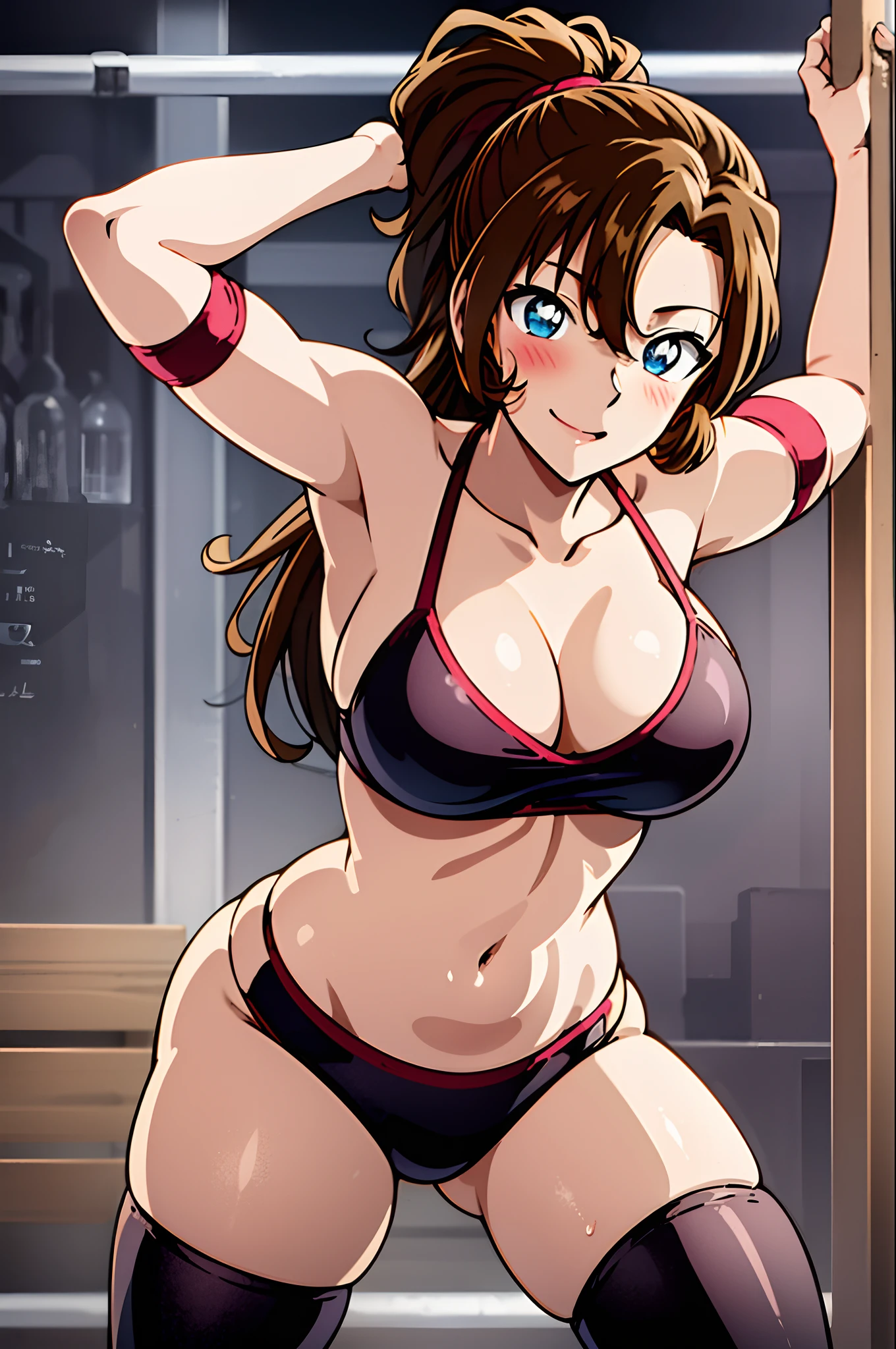 poster, anime style, hires ((wrestling ground)), (female wrestler), (slender body), mature woman, milf, (bikini, ultra detailed pro wrestling gear) victorious, gorgeous, winner, confident face, smile, (closed mouth), (pale skin, shiny skin, lighting and shadow), big breasts, (only one arm stretching), long belly, closed fists, seductive, (brown, long hair, ponytail), 37 years old