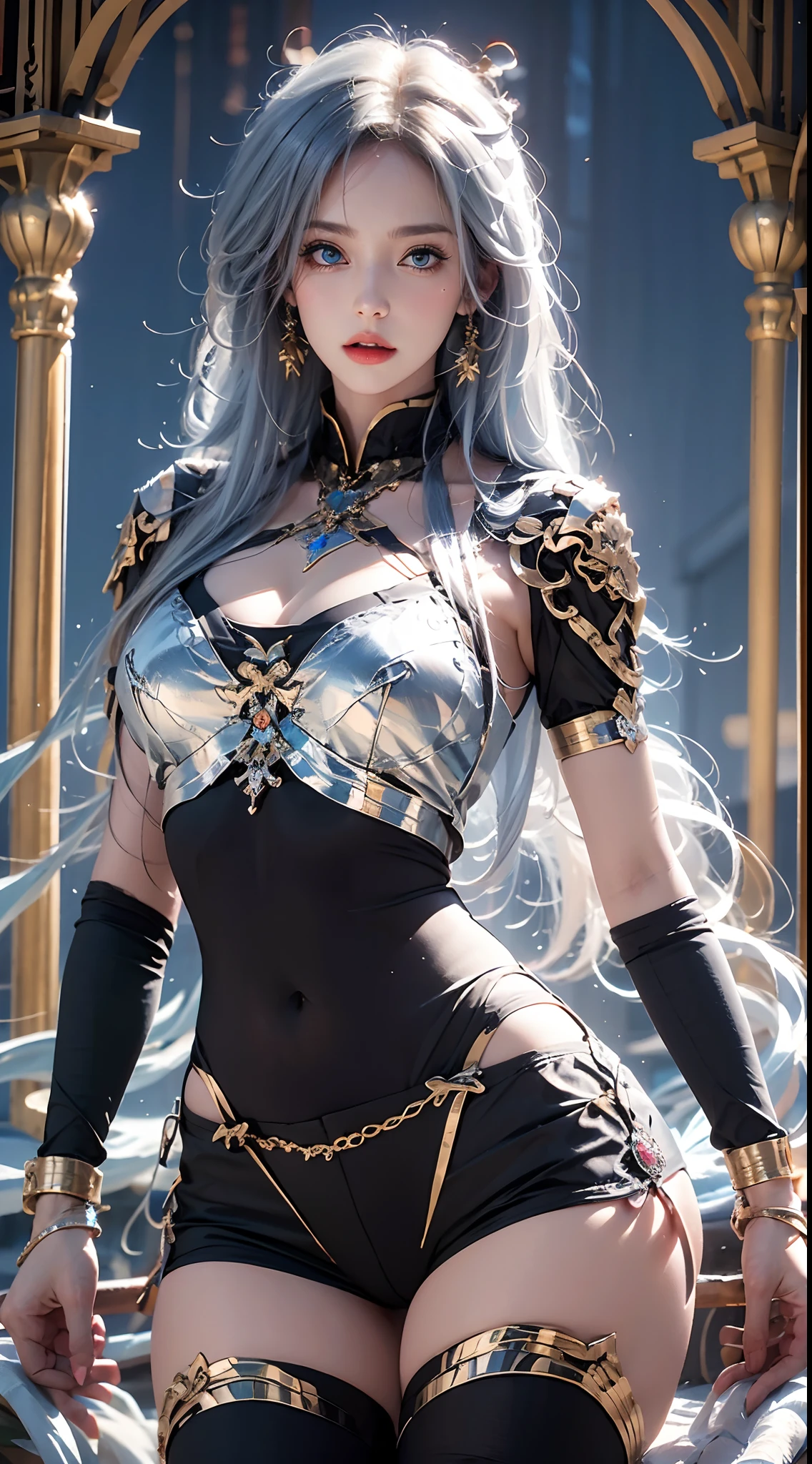 photorealistic, high resolution, soft lights, 1women, solo, hips up, look at viewer, (detailed face), blue eyes, white hair, long hair, photorealistic, masterpiece, photorealistic, high resolution, soft light, hips up, (blue eyes), jewelry, (milf, mature female), (black armor, armor, breastplate), beautiful face, (long hair, black hair, very straight hair:1.4, hime cut:1.4), blue eyes, cowboy shot, glowing skin, back lighting, athletic figure, muscular female, curvy, wide hips