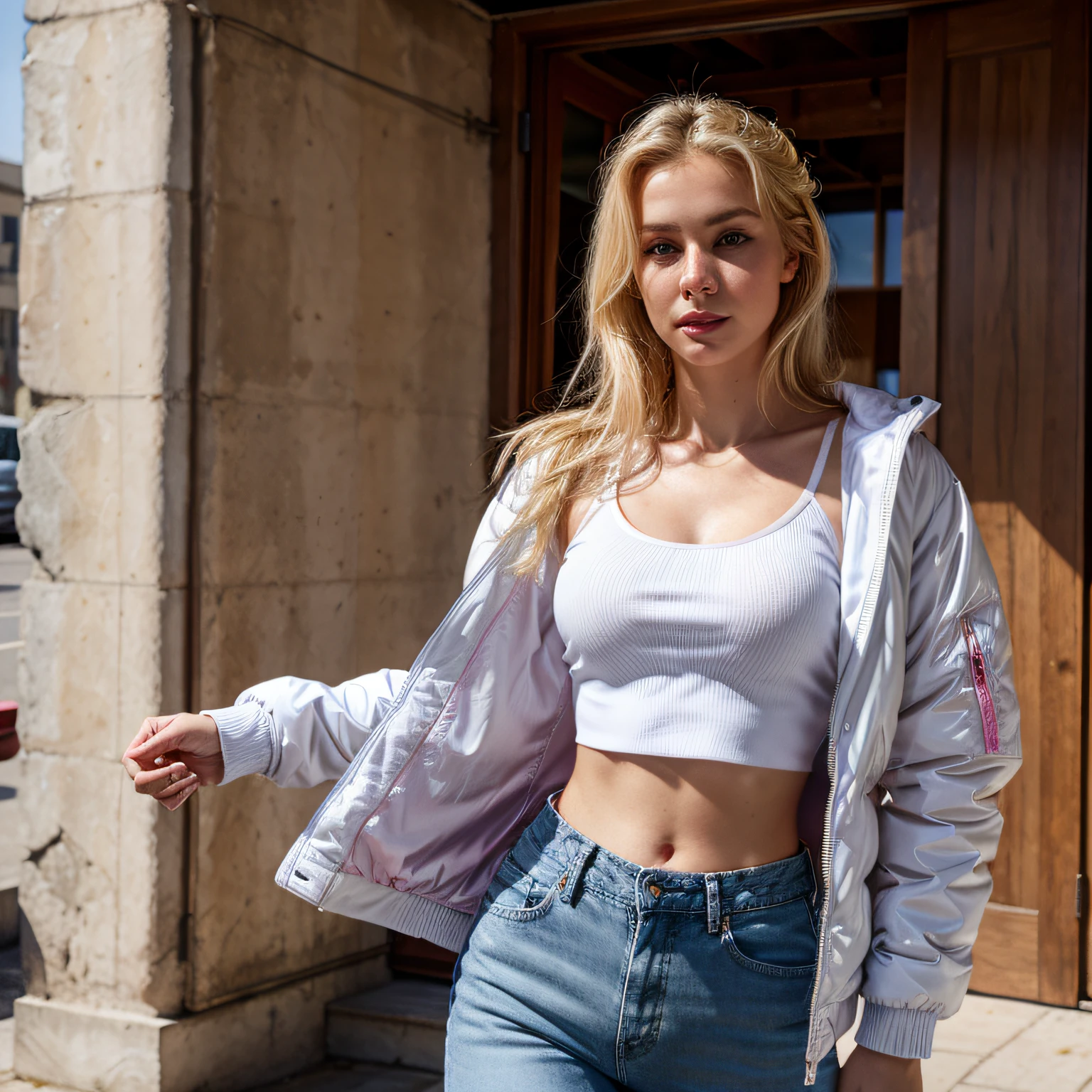 super realistic, highly detailed, sexy, young,european blonde, medium breasts, blue eyes, 26 years old, iPhone 14 Pro Max camera, Merger_mati_catentes, (twilight:1.2) , (soft lighting:1.2), (new york street:1.2), photorealistic, raw, textured skin, skin pores, intricate details, epiCRealism