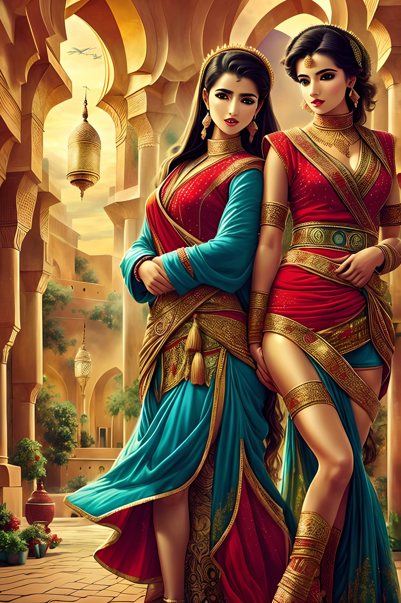 Mavtan Moroccan Islamic surreal super detail,a couple of lesbians,dynamic pose,leering,(fantastical belt,fantastical robes,fantastical ribbons)