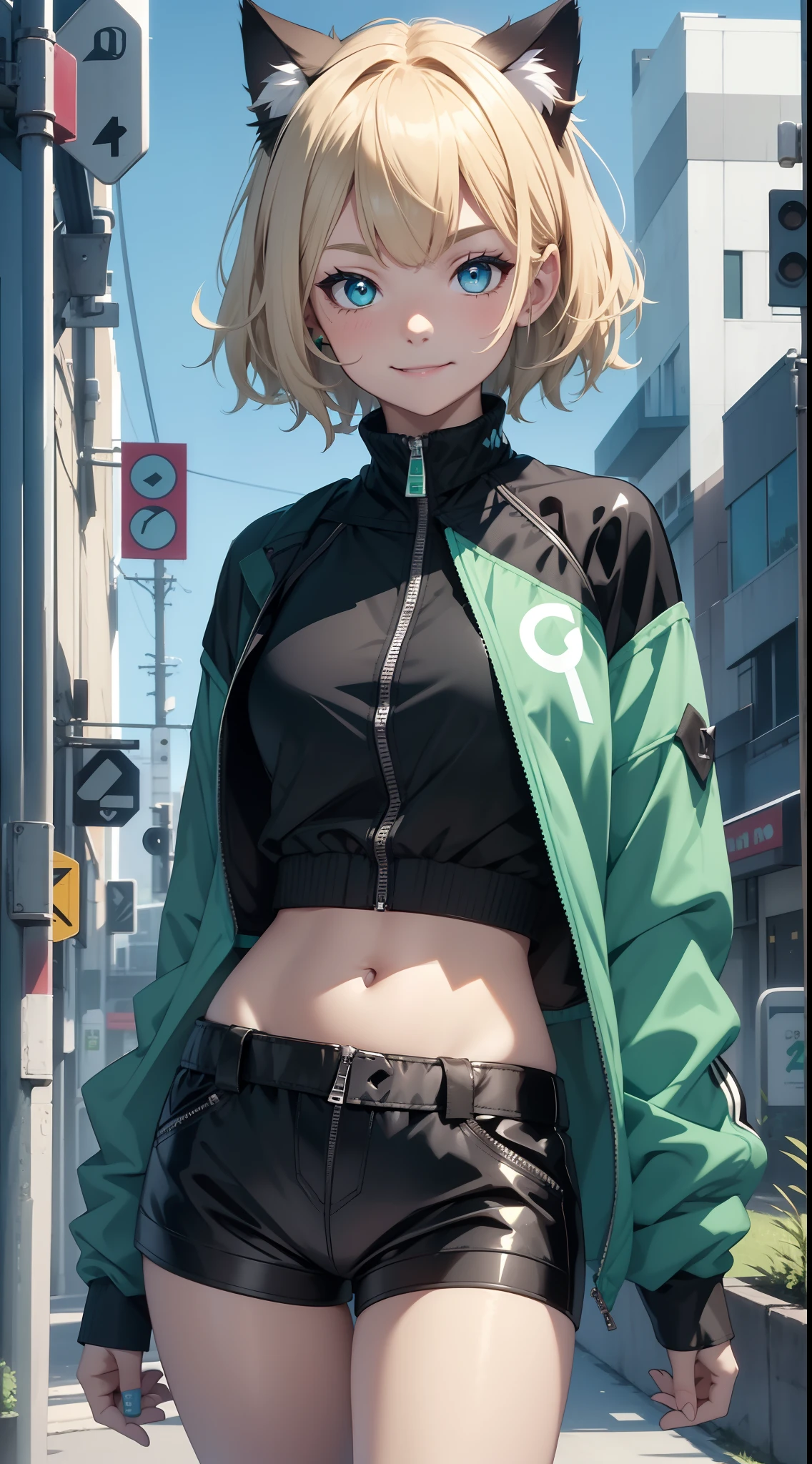 young girl, short blonde hair, turquoise eyes, Smile, cat ears, Black Top, black shorts, green jacket, open belly, zipper, Masterpiece, hiquality, 4k, HD, Good detail