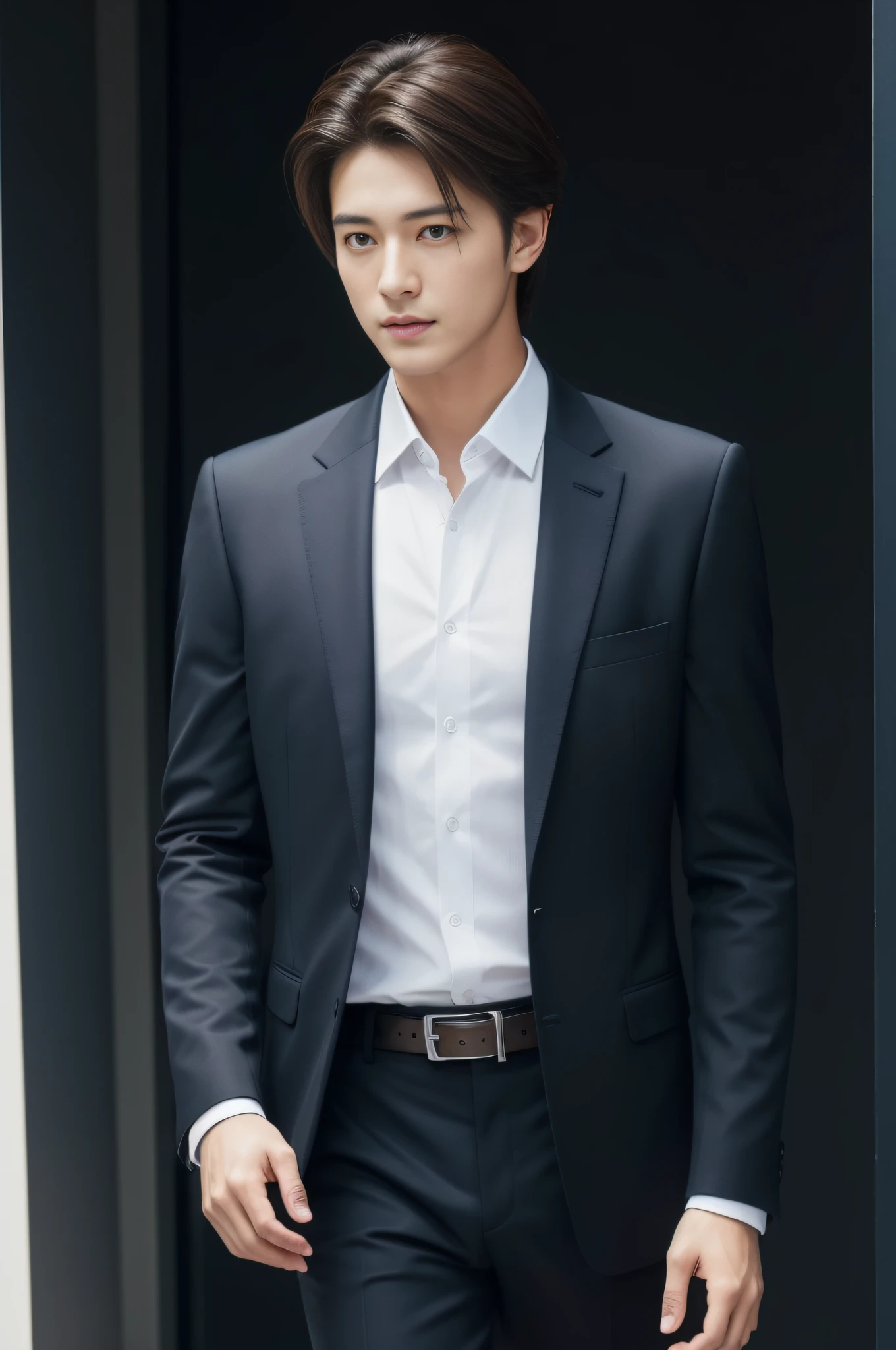 dark brown suit、　20-year-old refreshingly handsome new employee、　（Super cool S-class guy in a suit）、　Japan boys at 20 years old、　businessman、　Ultra-luxury suits、　s Office、　Stand in a suitＳYoung handsome man、　Full body photo、　（Highly detailed photos of CG Unity 8K）、　（A highly detailedＳHandsome man in class）、　（Photo Real）、　　（（top-quality））、　ultra-detailliert、　（​masterpiece）、　An ultra-high picture quality、　tall、　viewer、　Gentle man、　Very beautiful hair、　Shorthair、　Bright photo、　Handsome like a model、　Handsome like an idol、　Luxury Watches、　Cool belt、　japanes