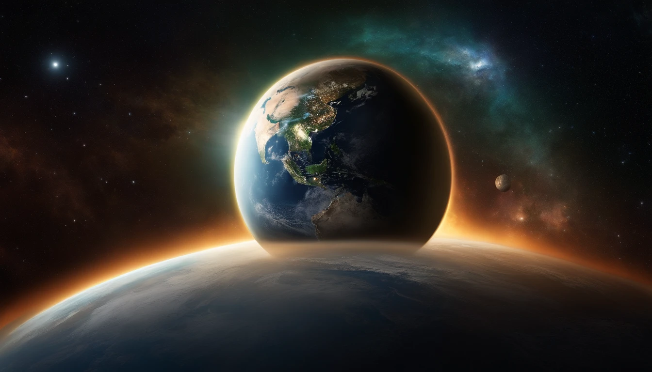 An image of outer space with Earth at the center, representing the creation of the heavens and Earth.